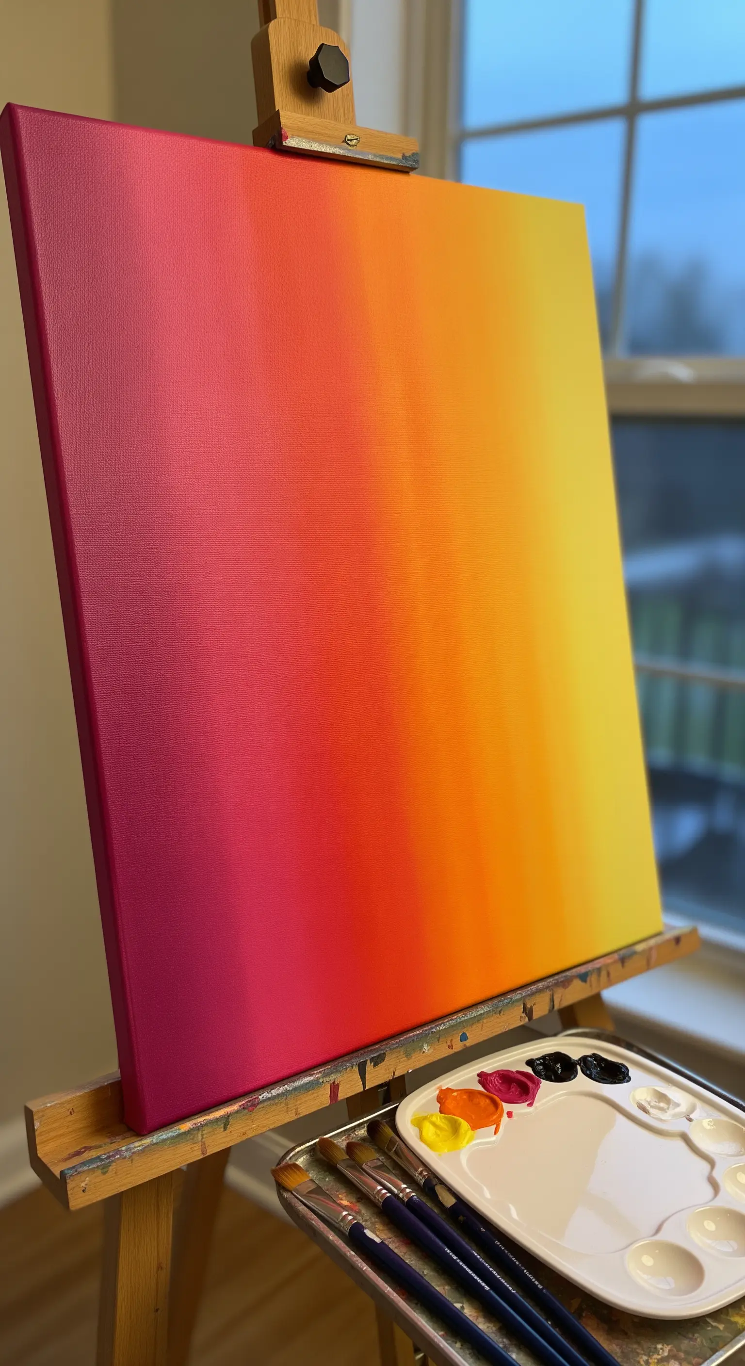 Quadro astratto con una sfumatura perfetta di colori caldi, dal rosa al giallo, su un cavalletto.