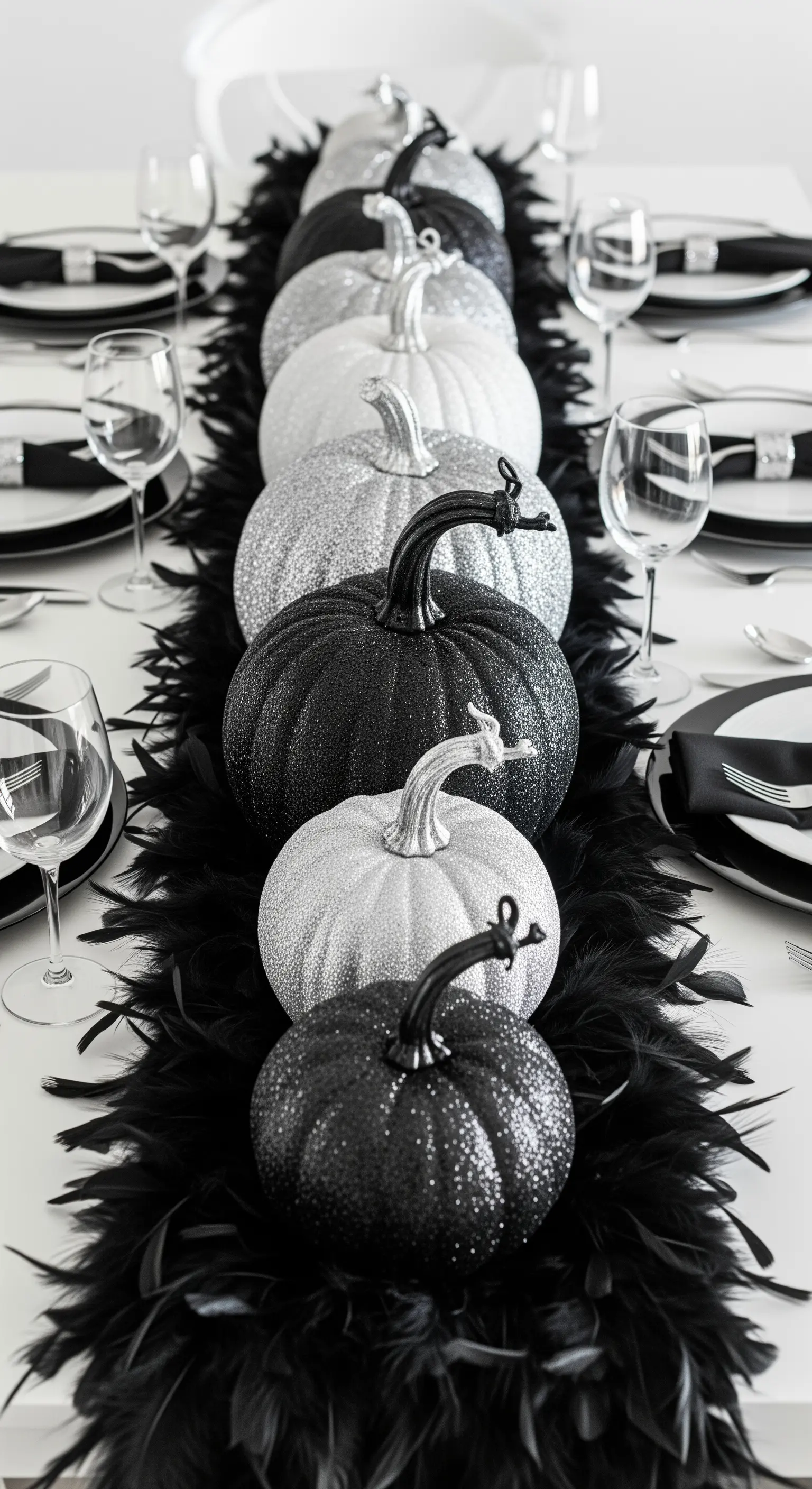 Runner di zucche glitter in gradiente dal nero all'argento.