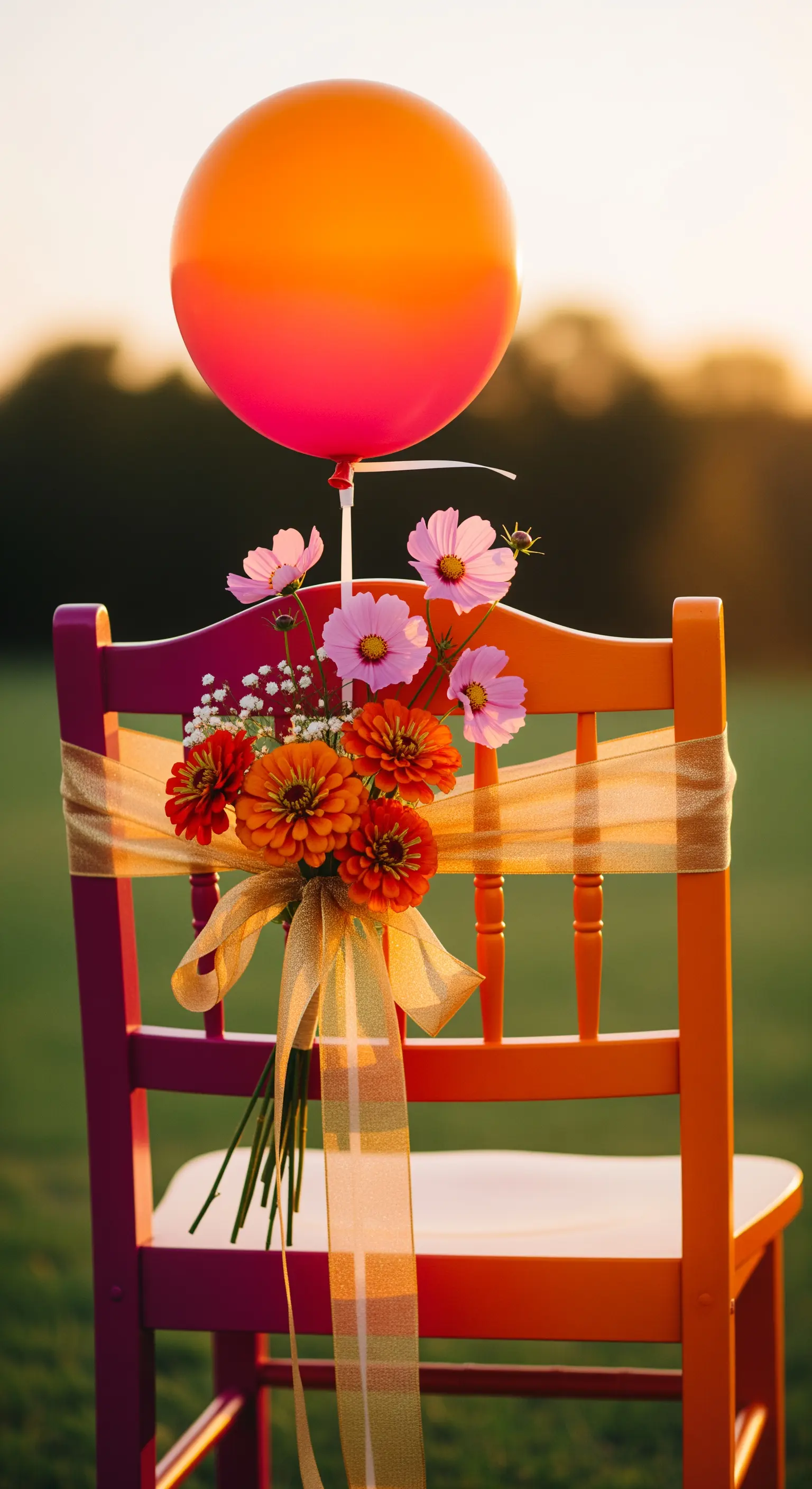 Sedia colorata arancione e viola con bouquet di fiori caldi e palloncino sfumato.