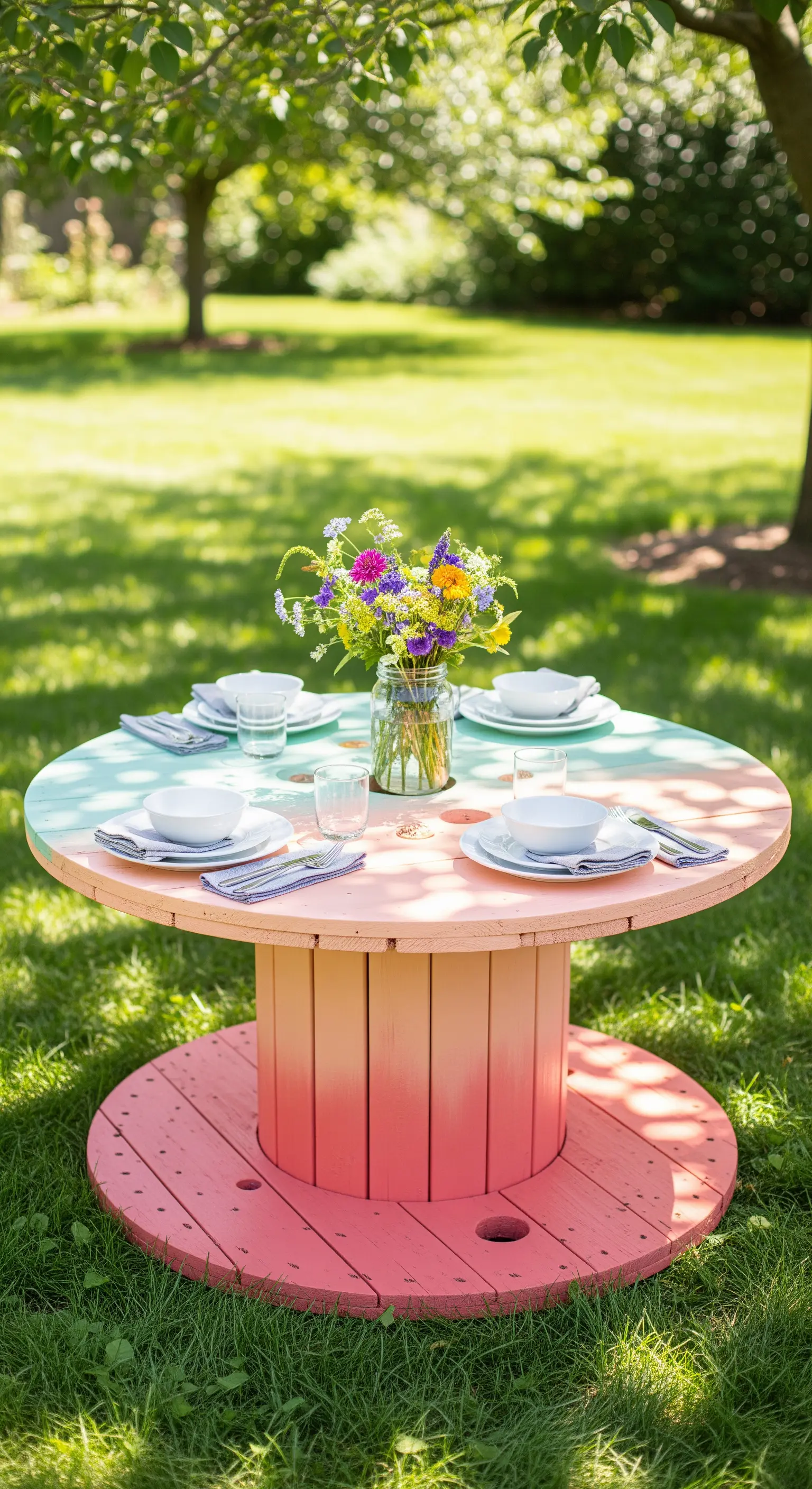 Tavolo rotondo in legno dipinto con un effetto sfumato dal verde menta al rosa corallo.