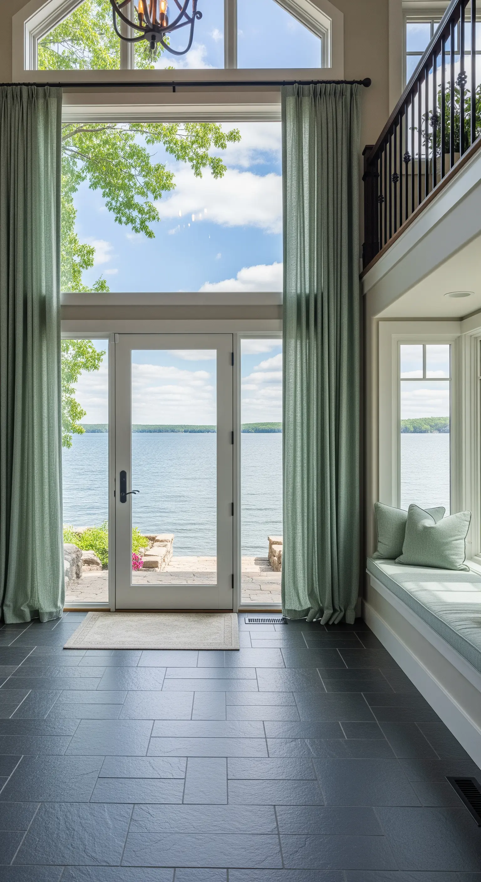Ingresso a doppia altezza con vista lago, tende verde salvia e panca integrata con cuscini.
