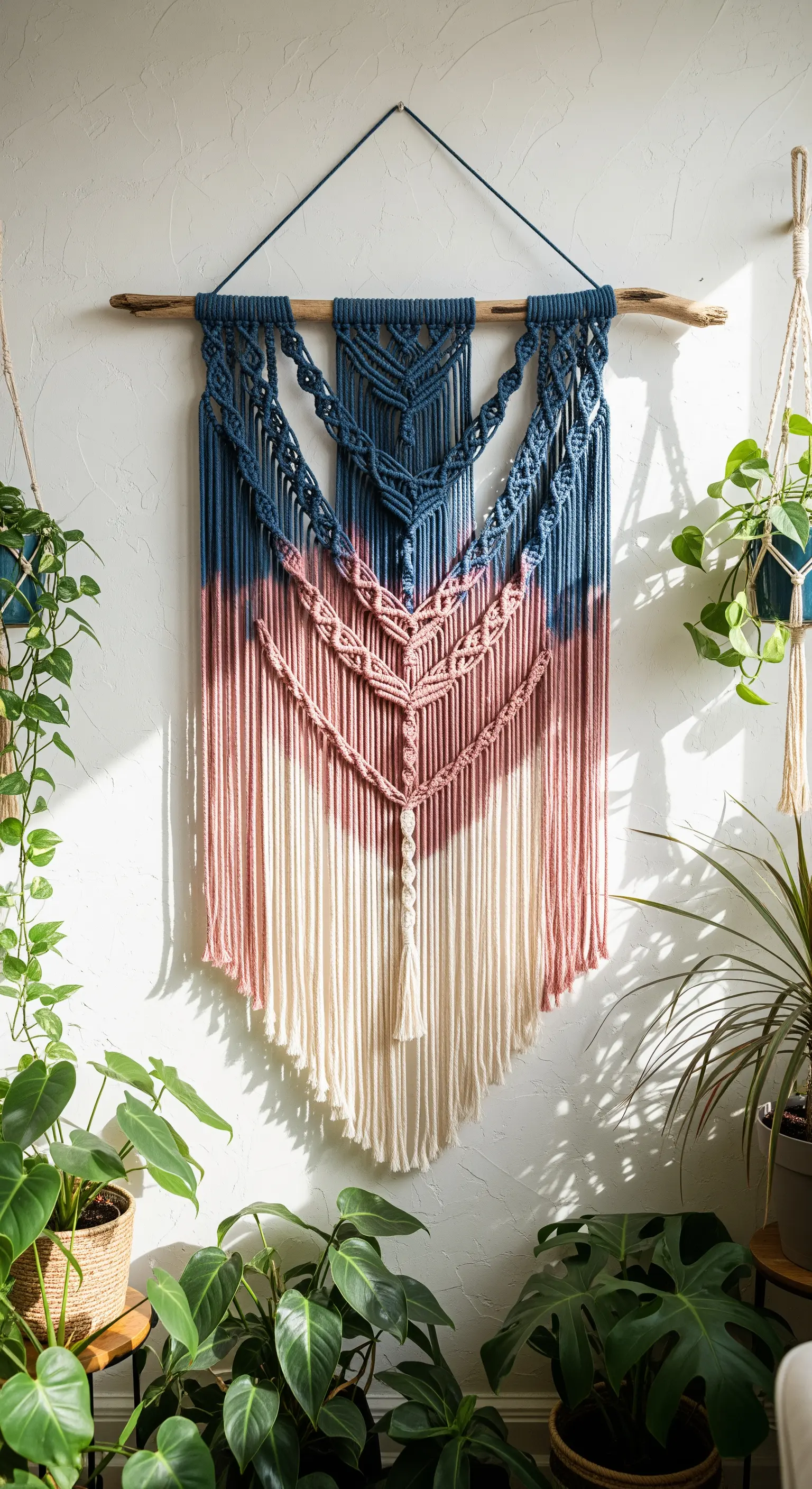 Grande arazzo in macramè appeso a un ramo, con colori sfumati dal blu al rosa all'avorio.