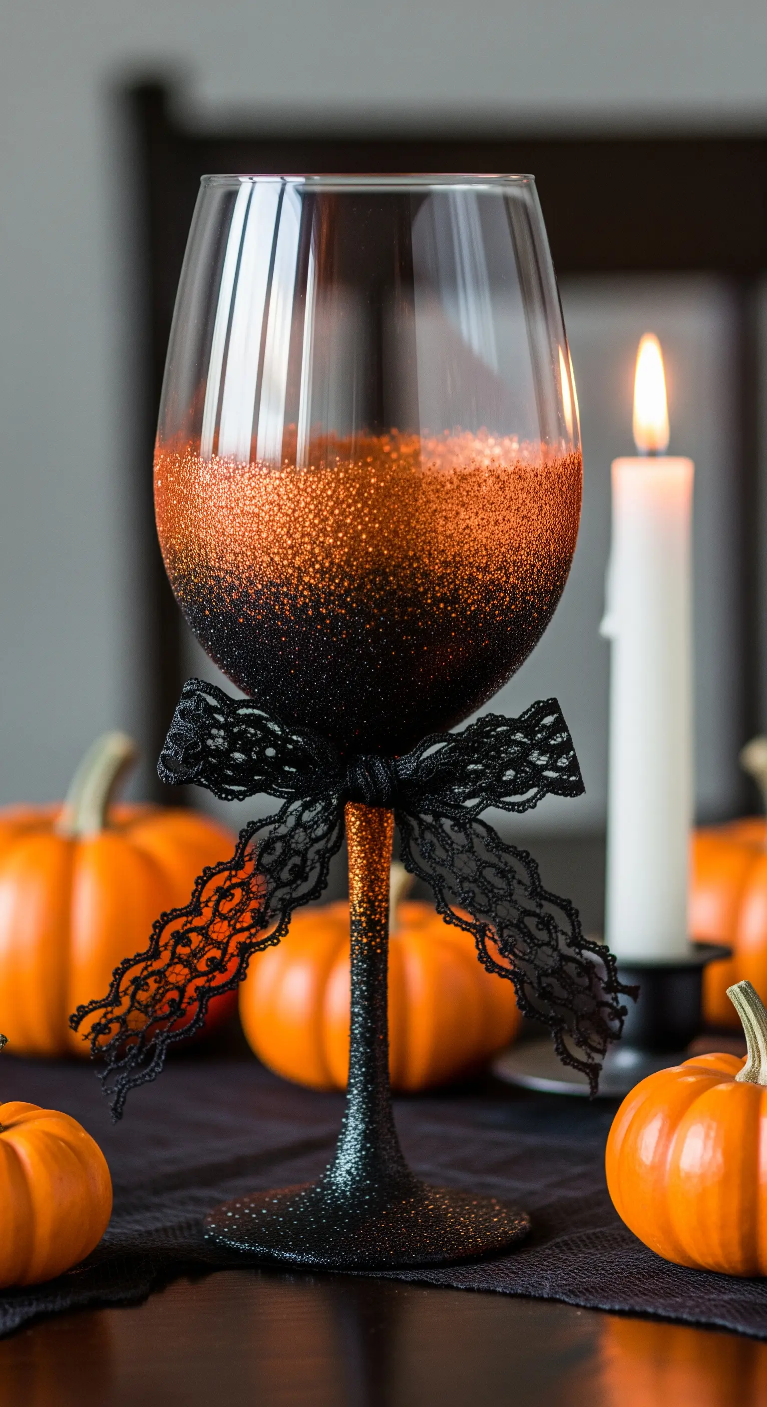 Calice con glitter sfumato da nero a arancione e un fiocco di pizzo nero.