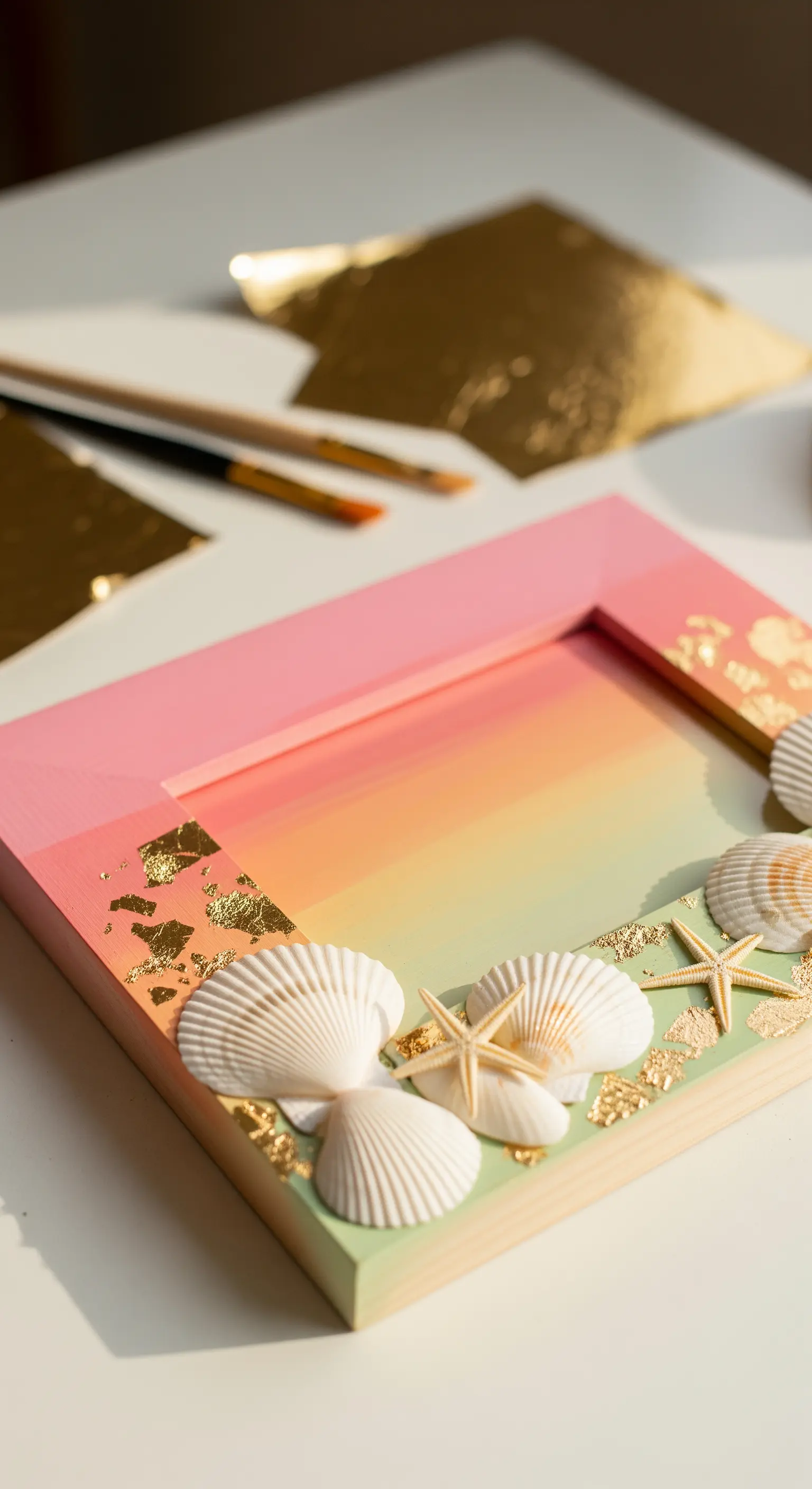 Cornice in legno dipinta con colori sfumati e decorata con conchiglie e foglia d'oro.