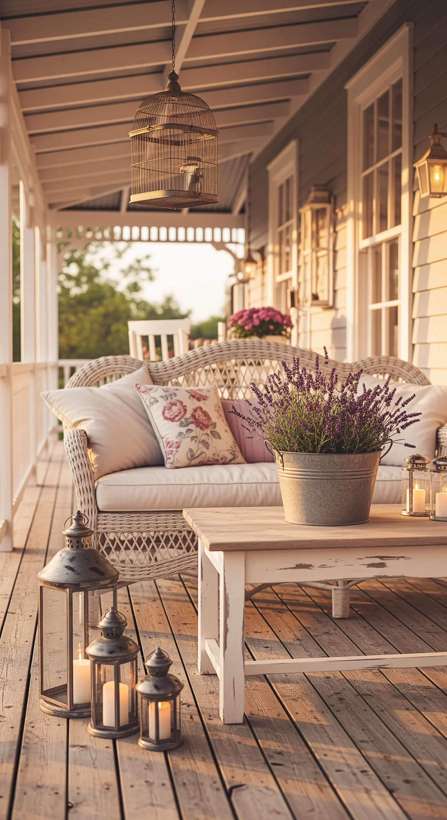 Divano in vimini su un portico in legno, con lanterne e lavanda in un secchio di zinco al tramonto.