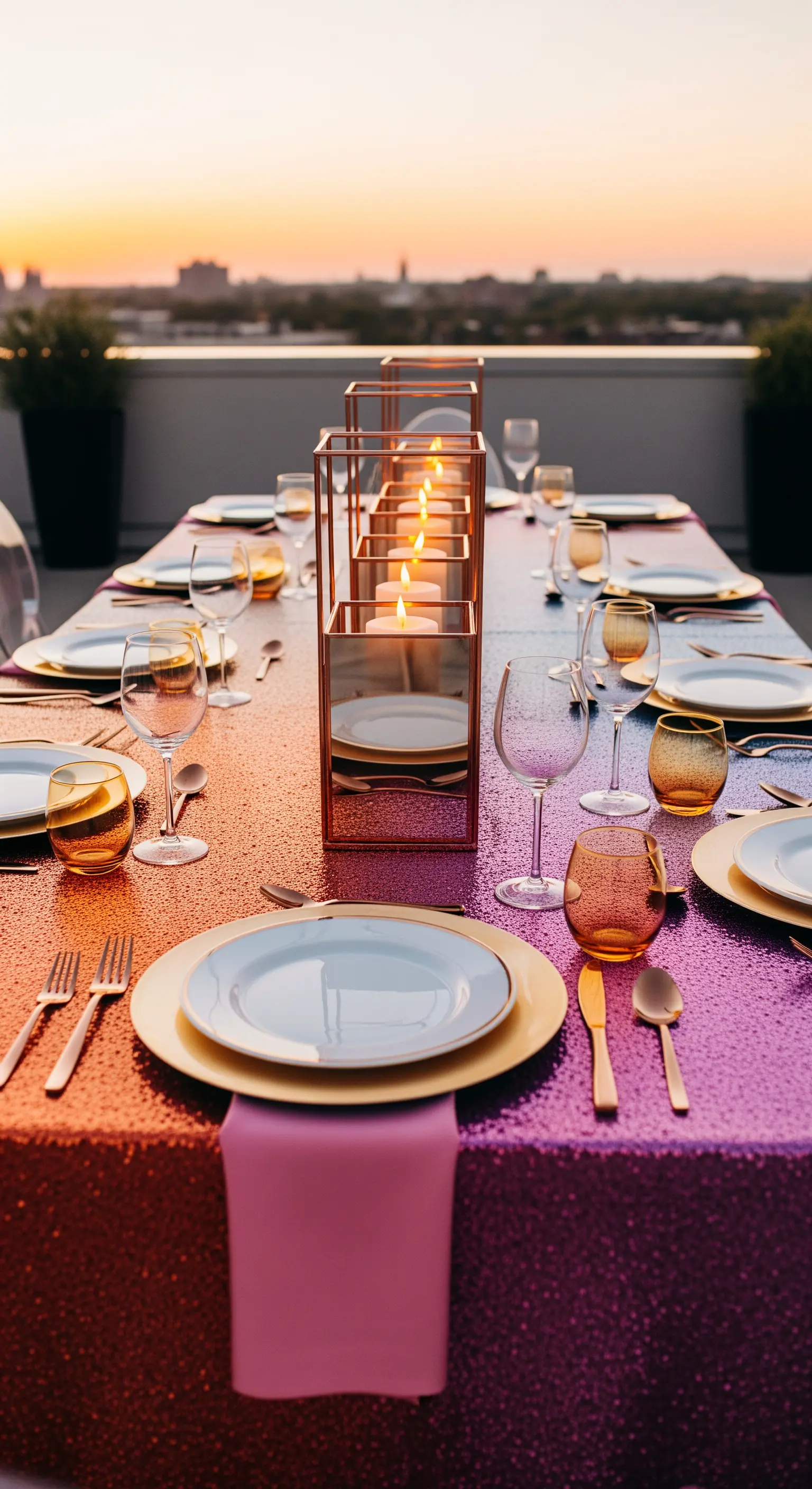 Tavola su una terrazza al tramonto con una tovaglia di paillettes sfumata dal viola all'arancione.