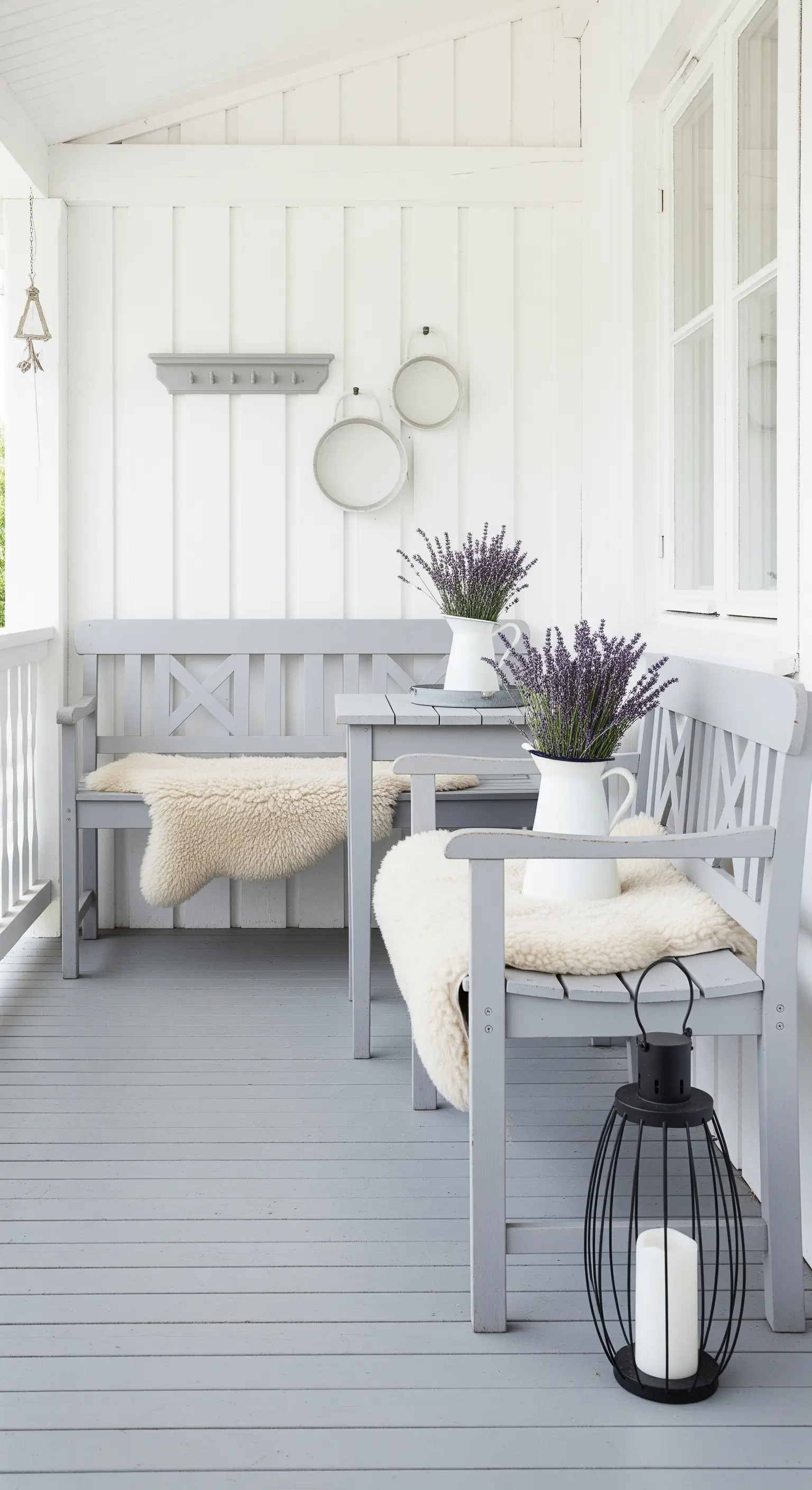 Portico in stile scandinavo con panche grigie, pelli di pecora e lavanda in brocche bianche.