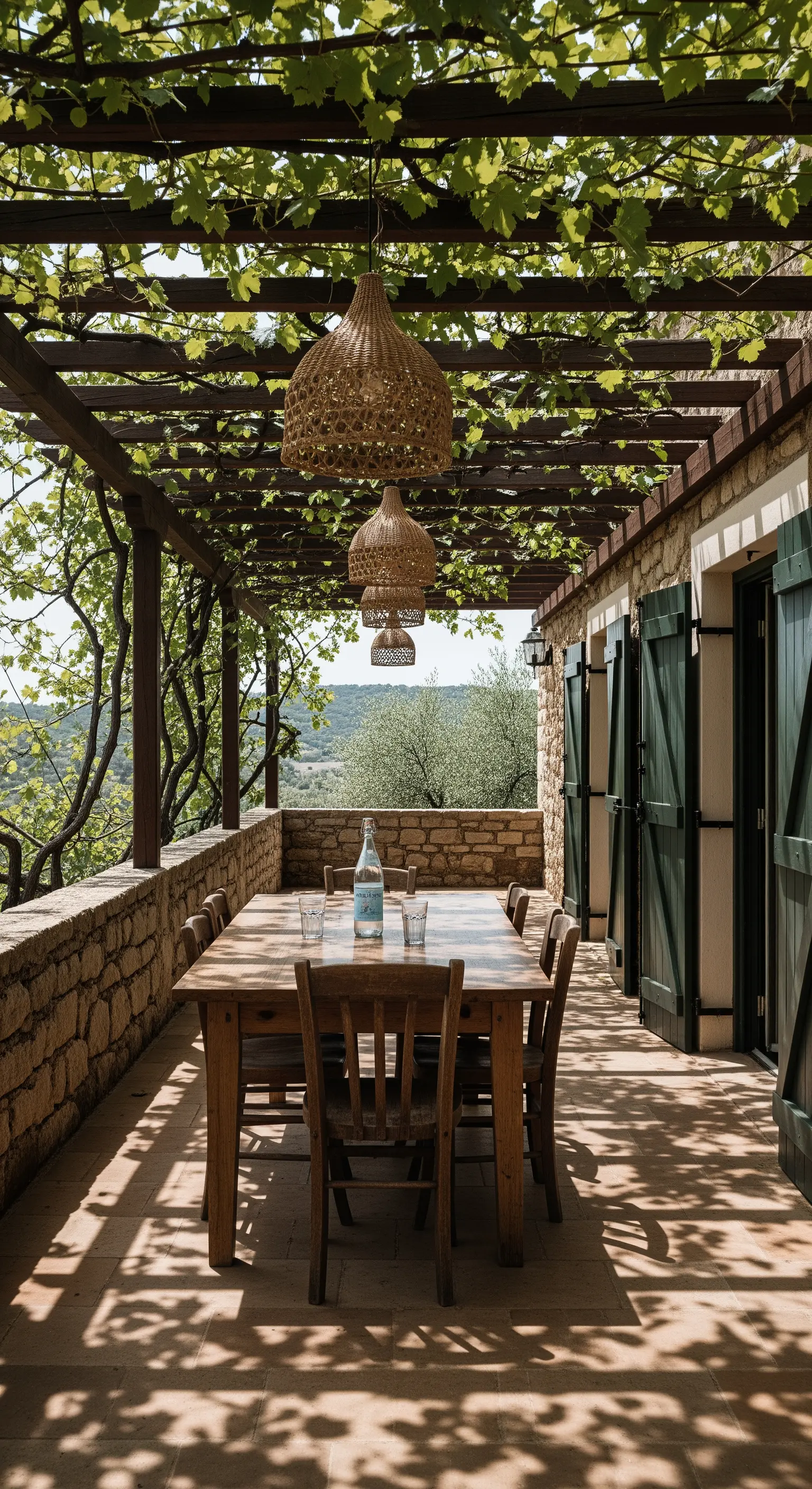 Tavolo da pranzo su un balcone in pietra con lampadari in vimini e persiane scure