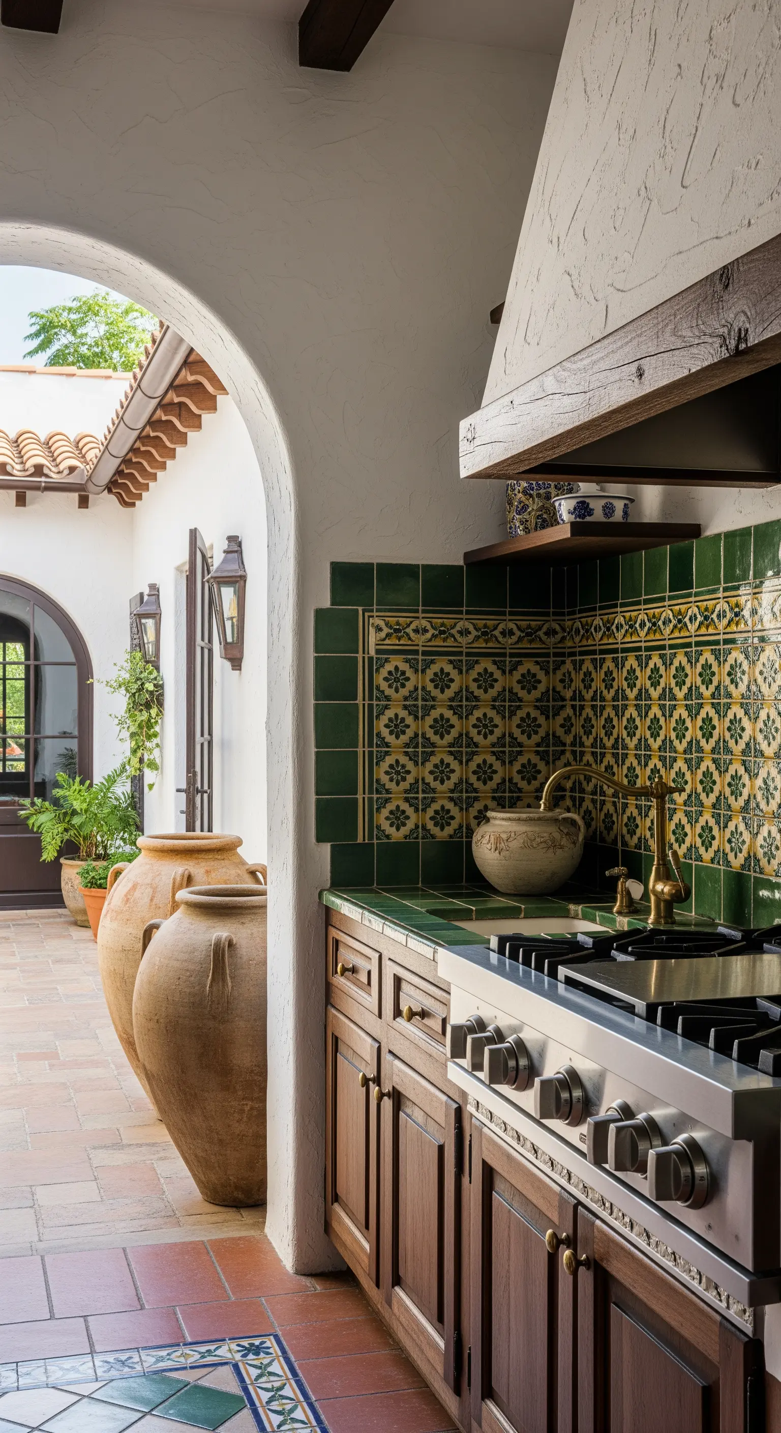 Cucina esterna con piastrelle verdi, mobili in legno scuro e grandi anfore in terracotta.