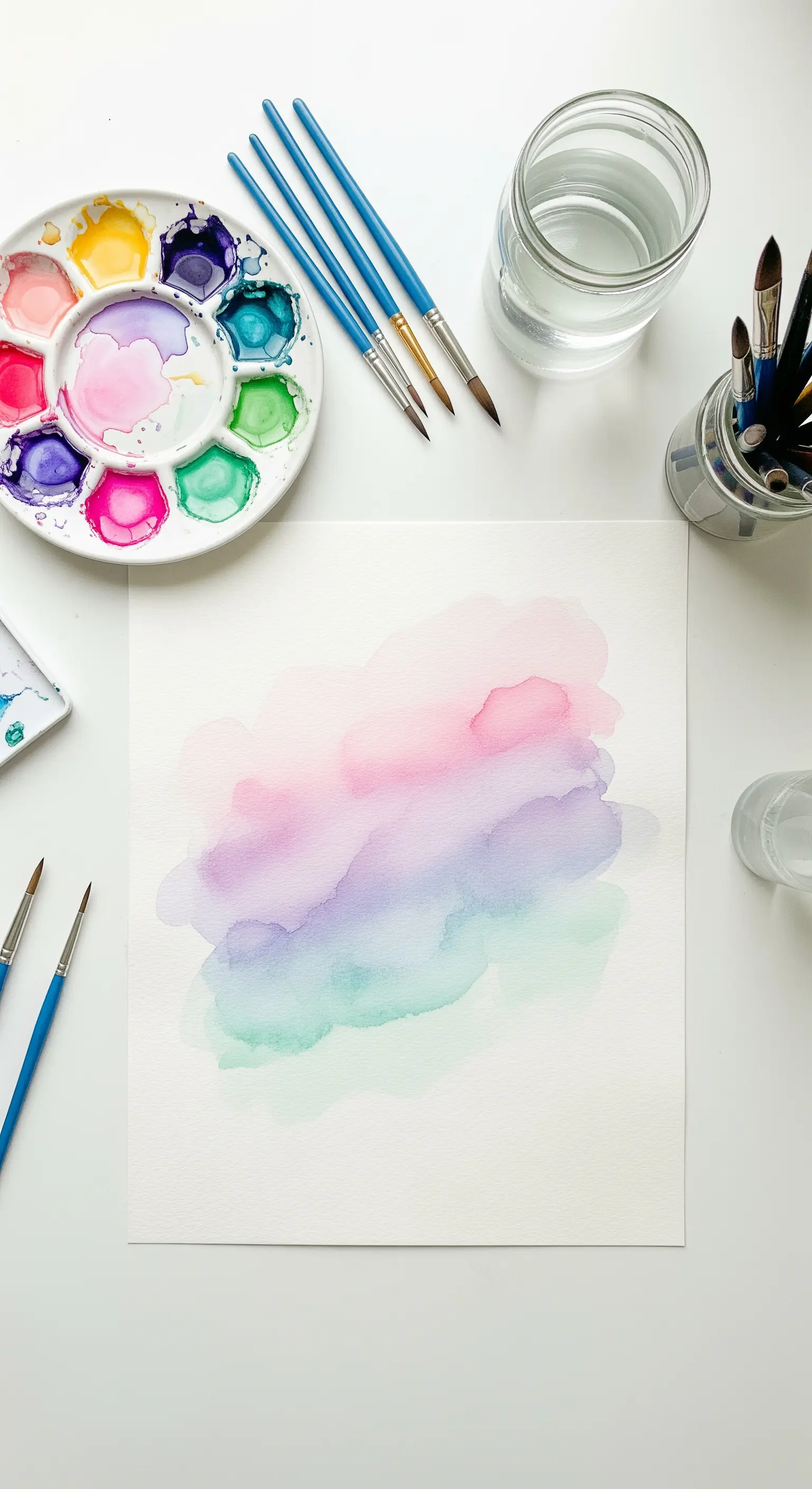 Set up per pittura ad acquerello con tavolozza, pennelli e un dipinto astratto con sfumature pastello.