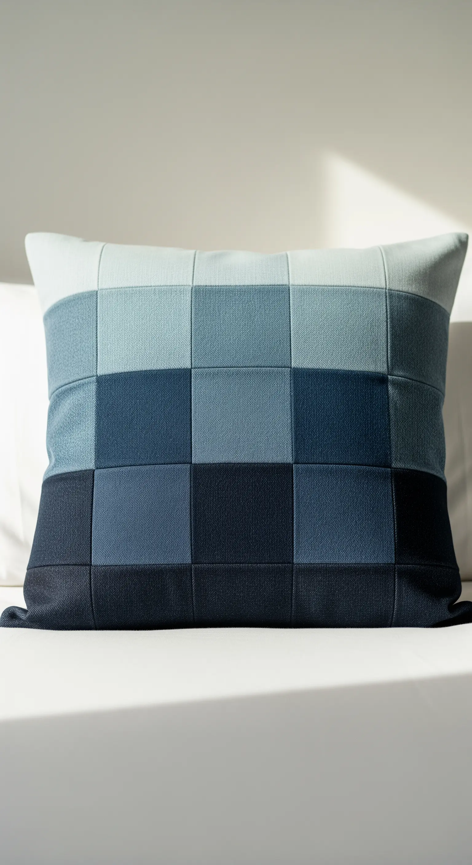 Cuscino patchwork rettangolare con quadrati di denim disposti a gradiente, dal chiaro allo scuro.