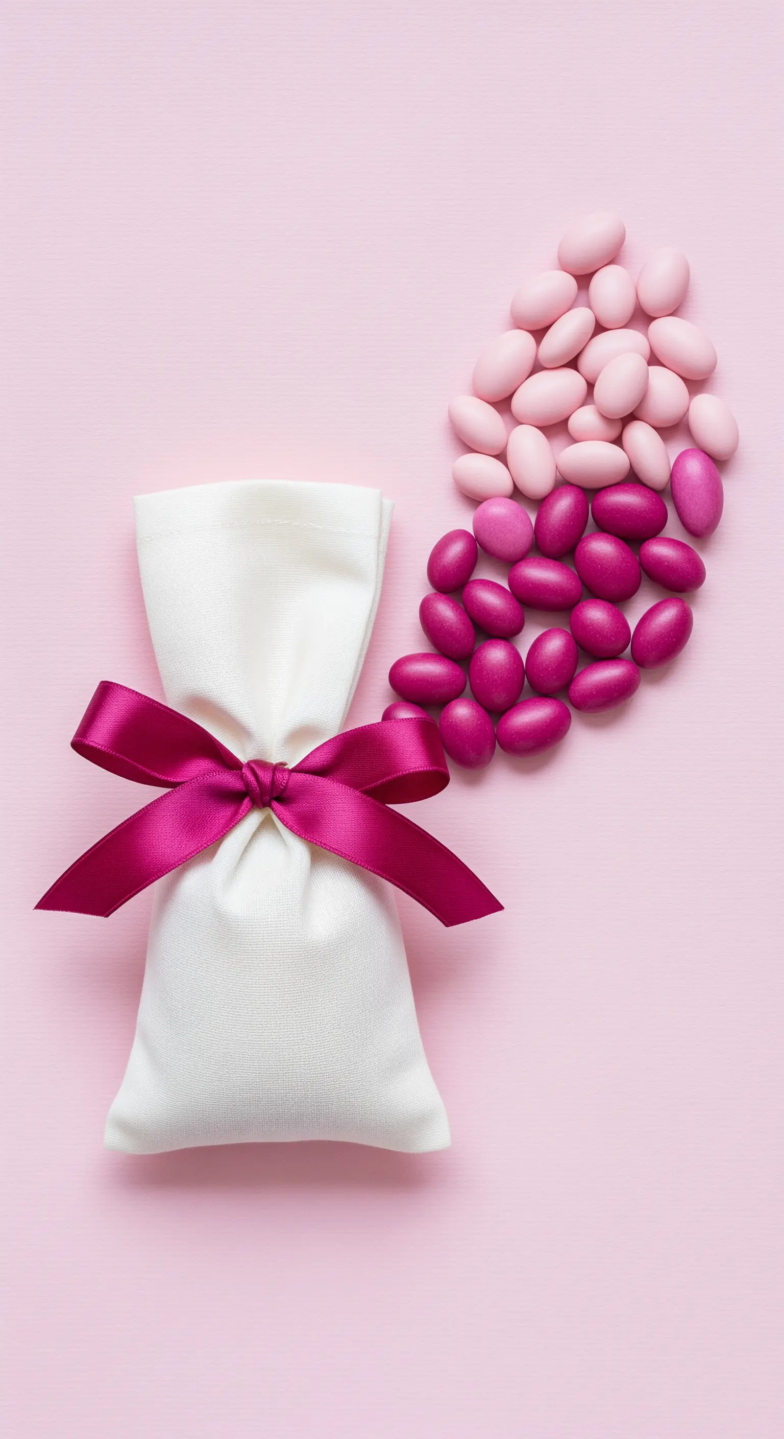 Sacchetto bomboniera bianco con nastro fucsia, accanto a confetti disposti in gradiente dal rosa al fucsia.