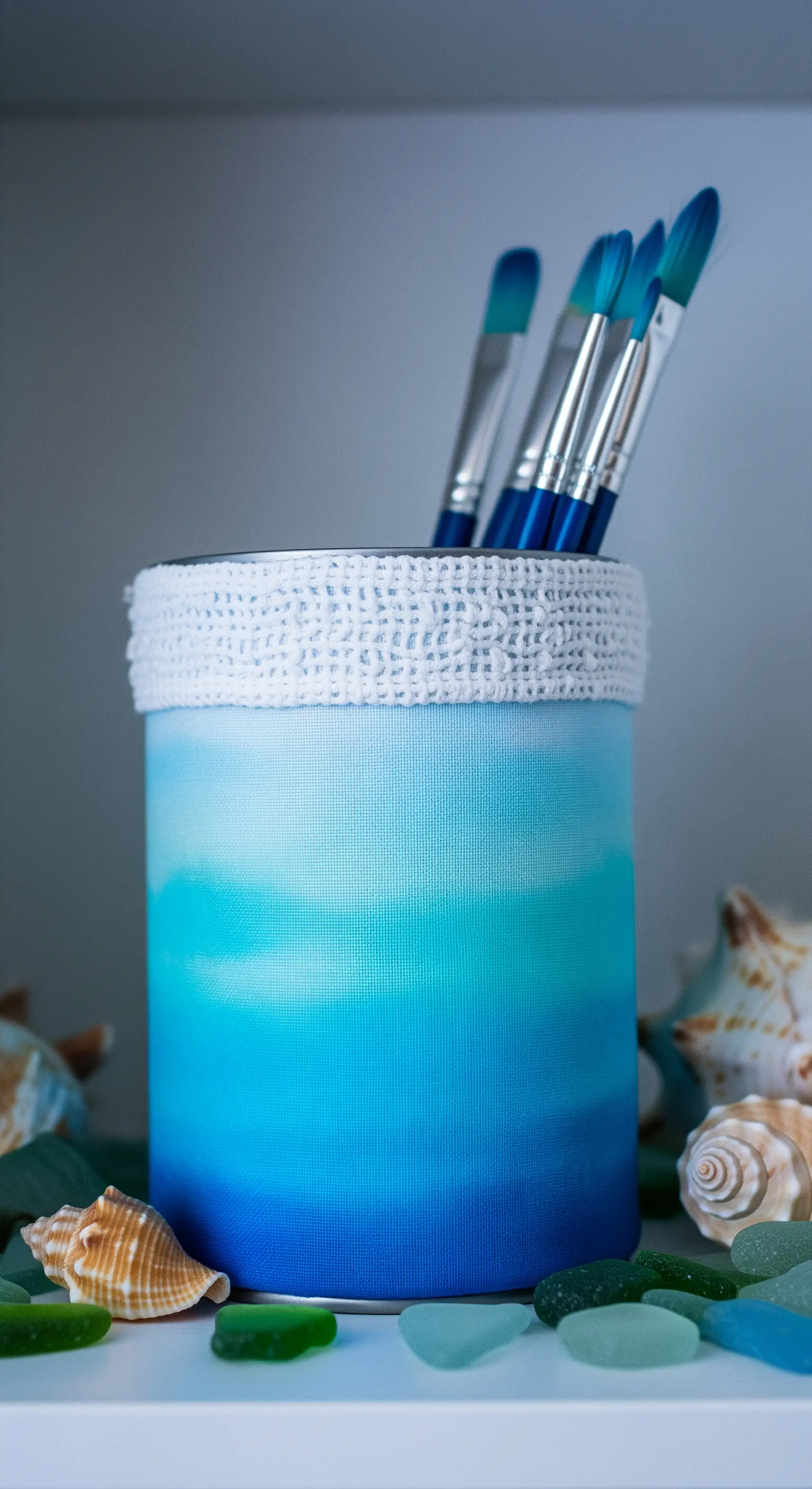 Portapennelli con tessuto sfumato dal blu al bianco, con un bordo superiore all'uncinetto.