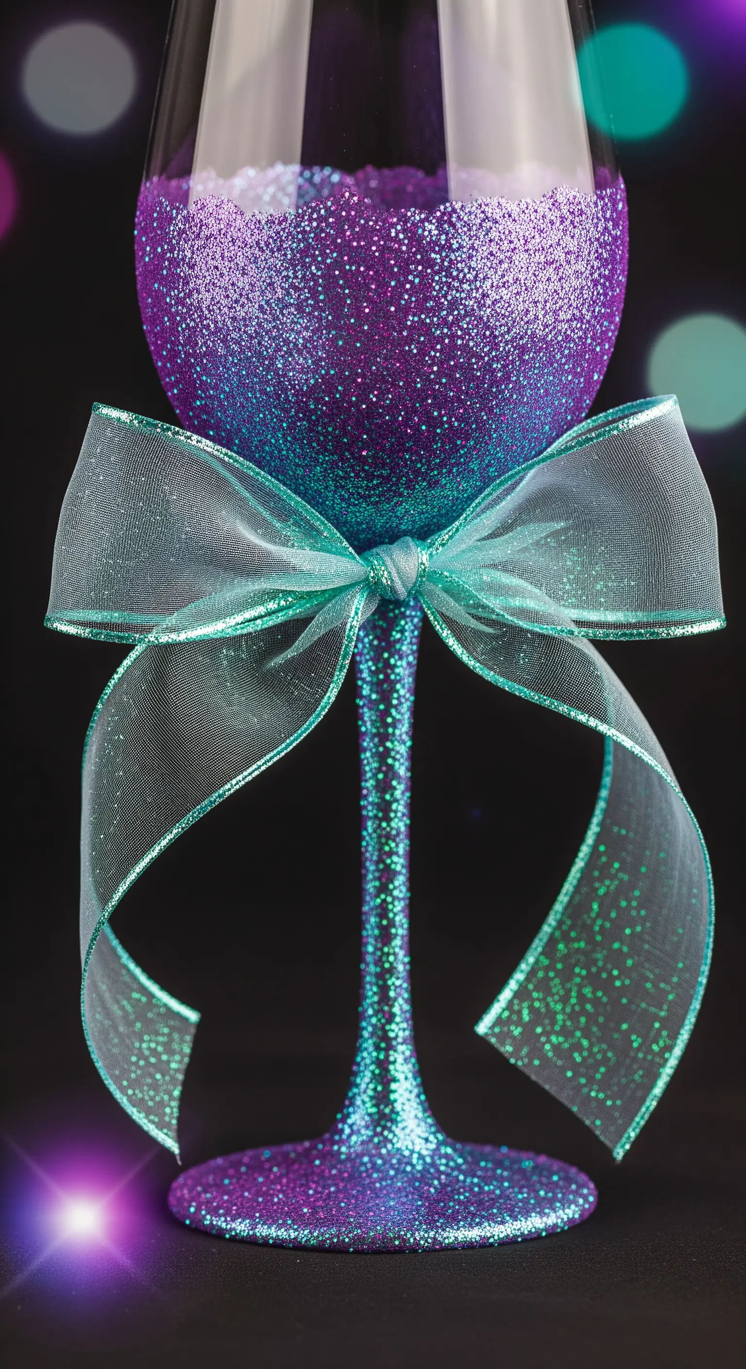 Calice con glitter sfumato dal viola al turchese e un fiocco d'organza.