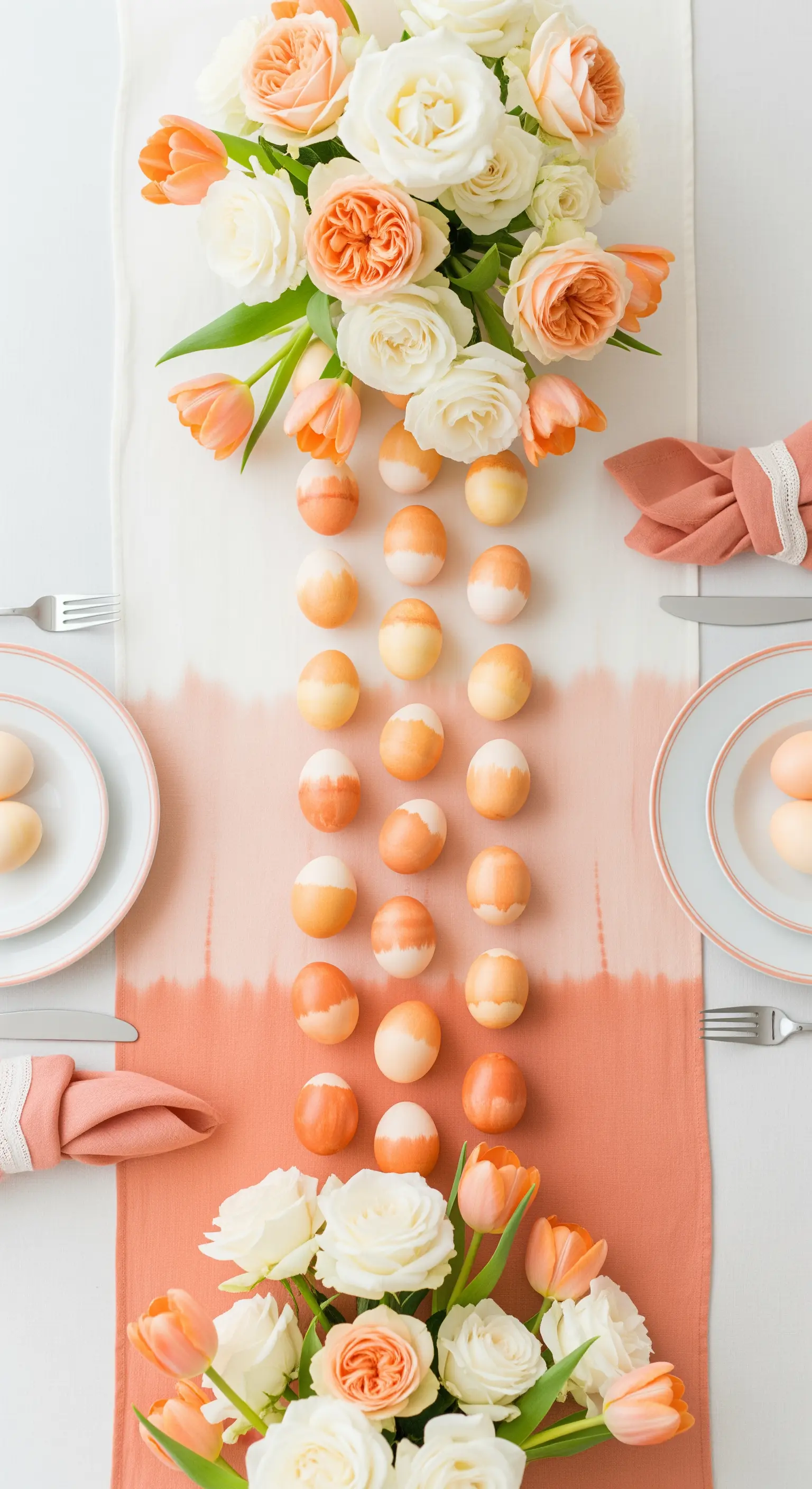 Tavola pasquale con runner e uova tinti in gradiente ombré color corallo.