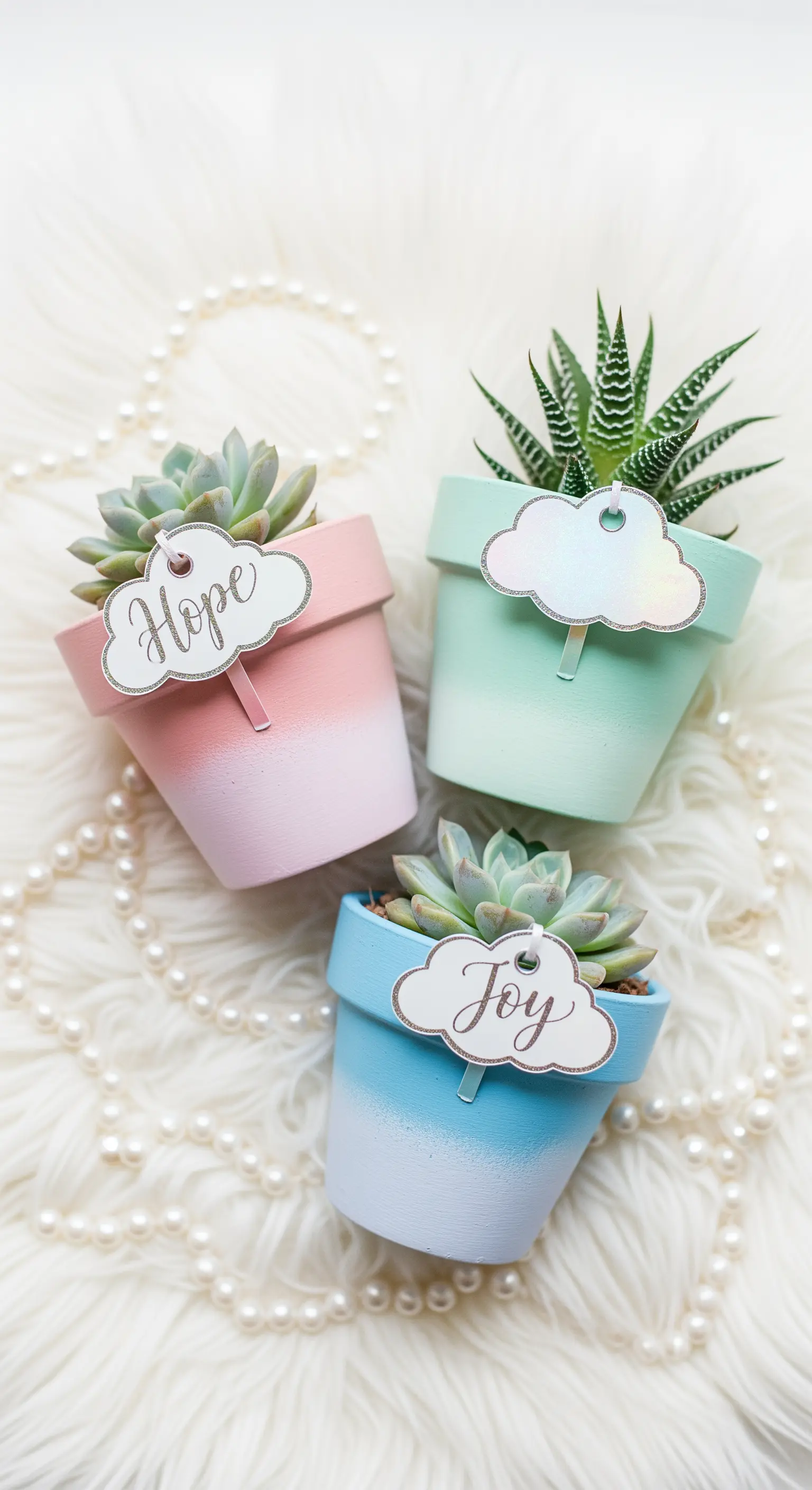Tre vasetti con sfumature pastello rosa, menta e blu, con etichette a forma di nuvola.