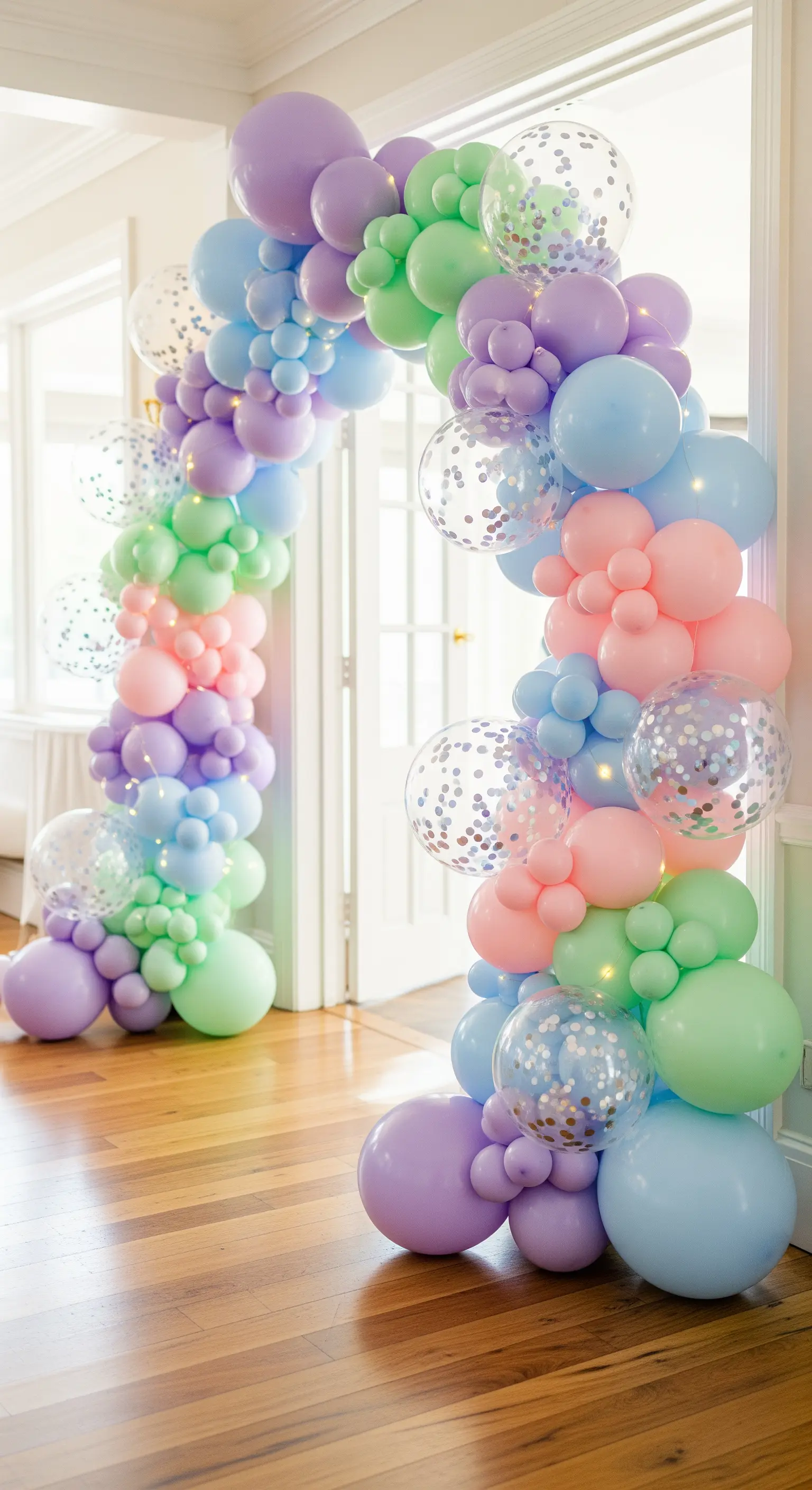Arco di palloncini in tonalità pastello con palloncini trasparenti pieni di coriandoli.