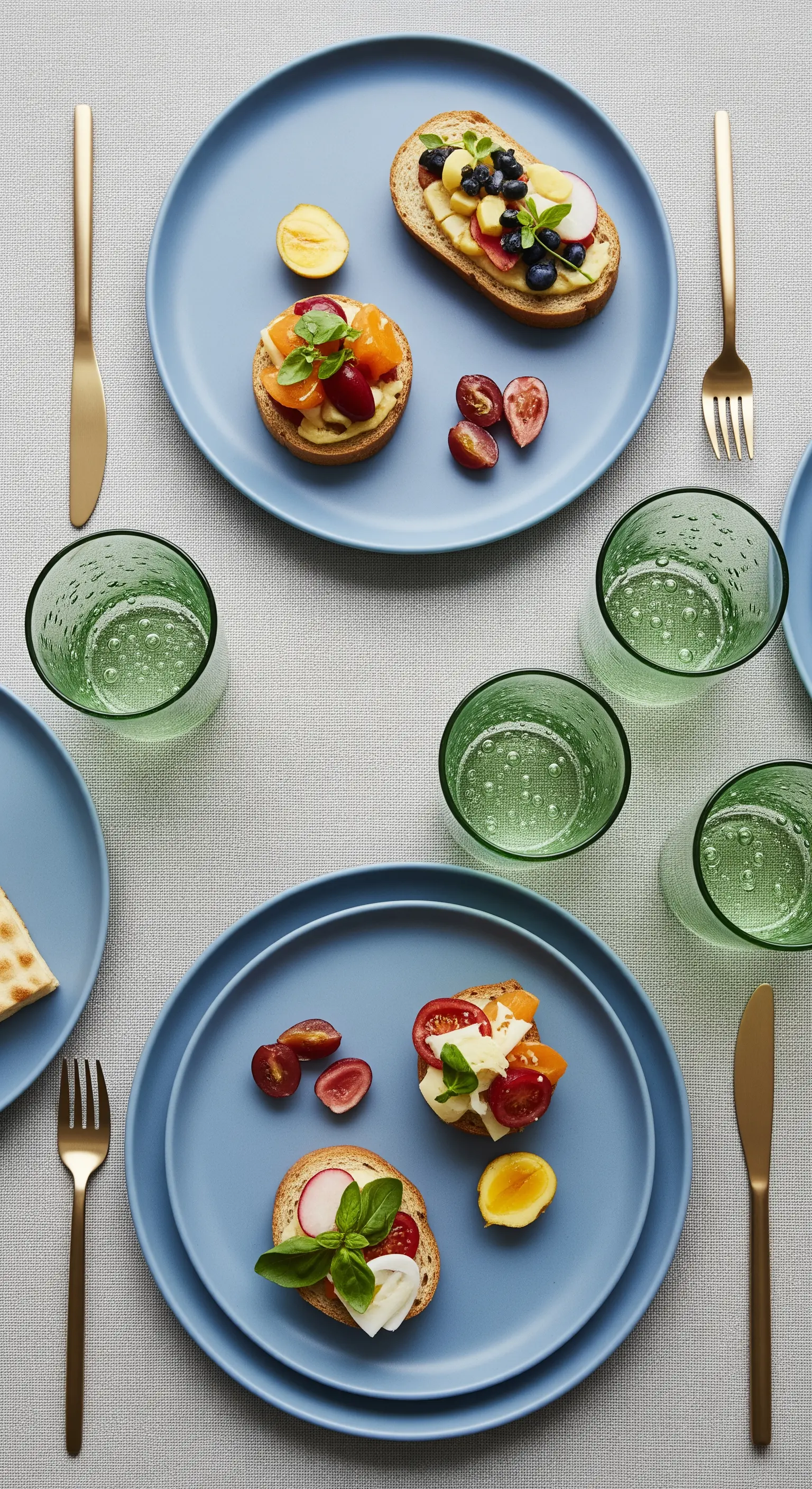 Tavola con piatti blu polvere, bicchieri verdi testurizzati e posate dorate