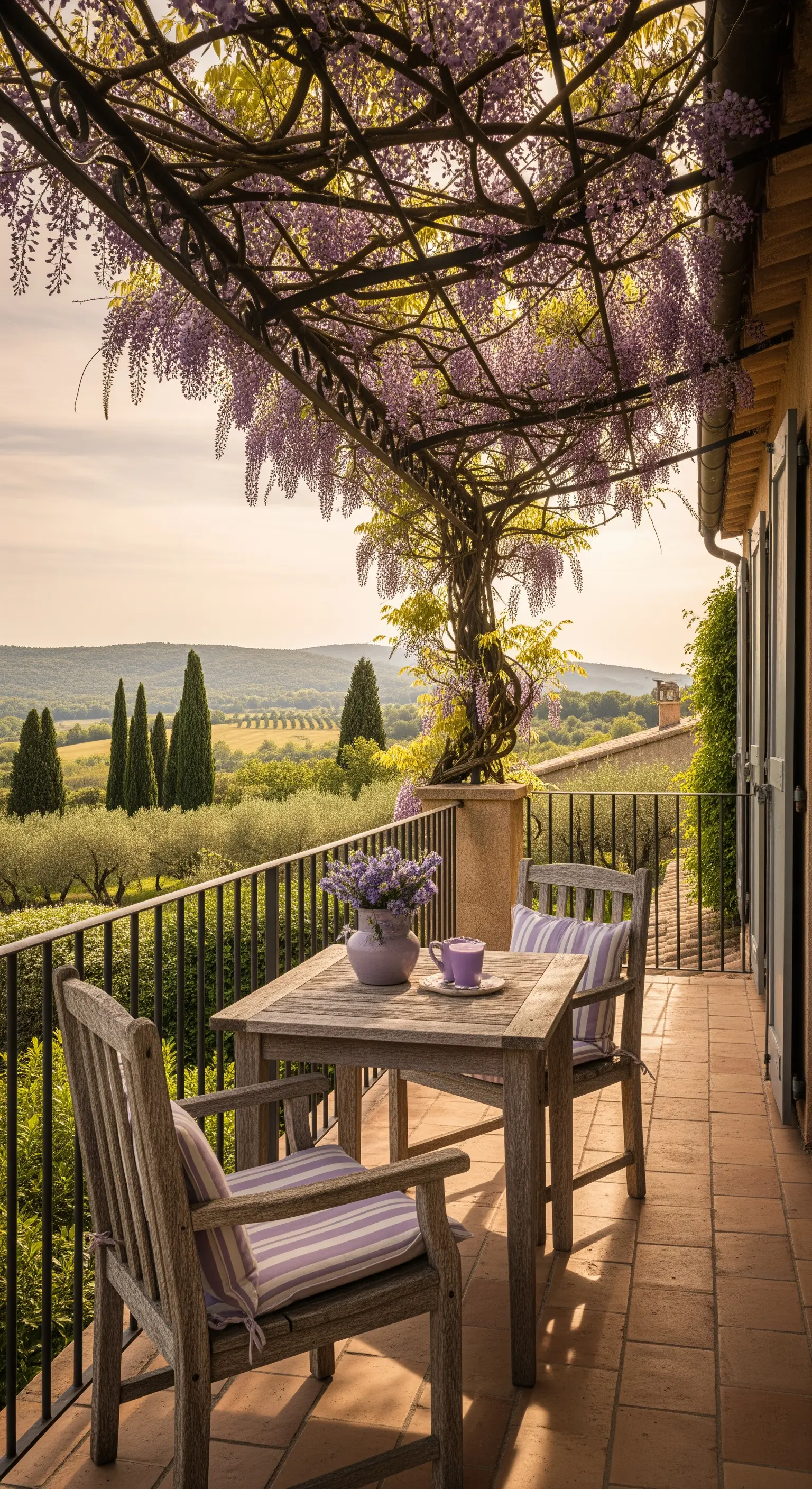Tavolo da pranzo in legno con cuscini a righe lilla sotto un pergolato di glicine in fiore.