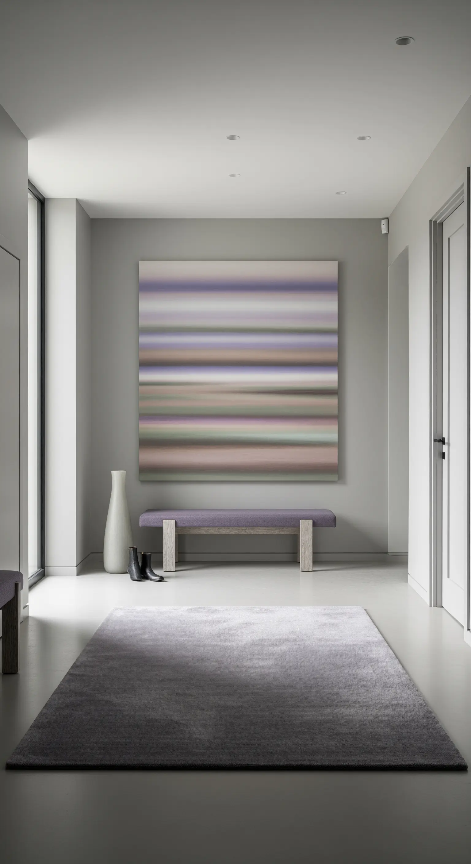 Ingresso minimalista con quadro a strisce sfumate, tappeto grigio e panca color lavanda.