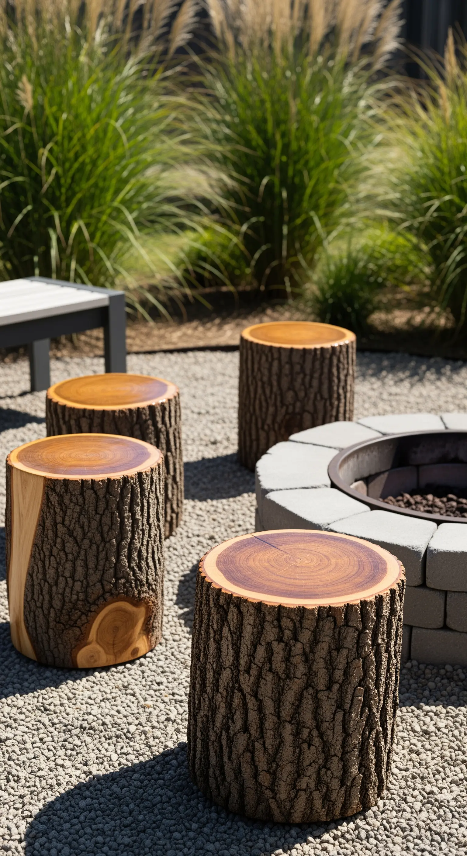 Quattro sgabelli ricavati da tronchi con corteccia, disposti attorno a un braciere moderno.