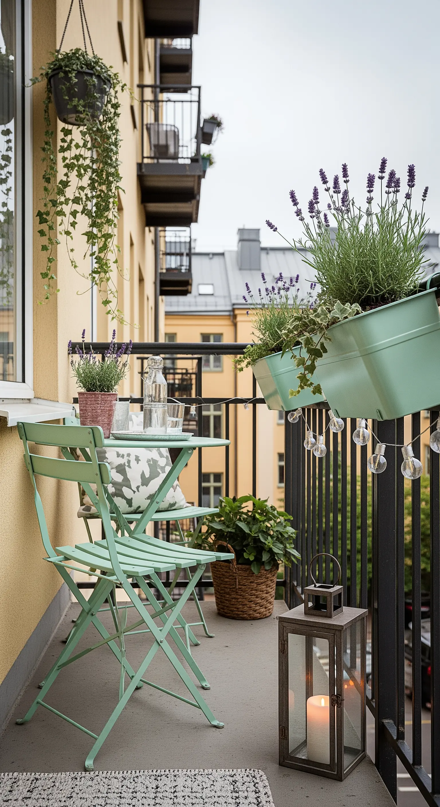 Piccolo balcone con set bistrot pieghevole verde menta, fioriere e lucine.