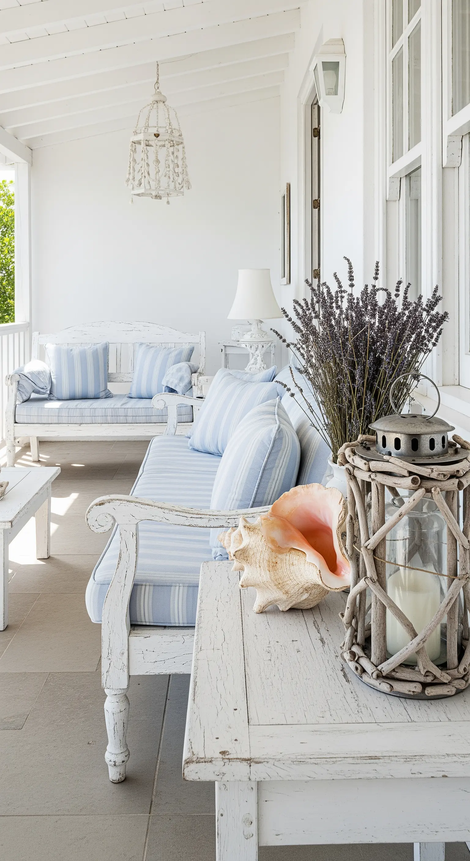 Mobili bianchi decapati con cuscini a righe azzurre, una conchiglia e una lanterna in legno.