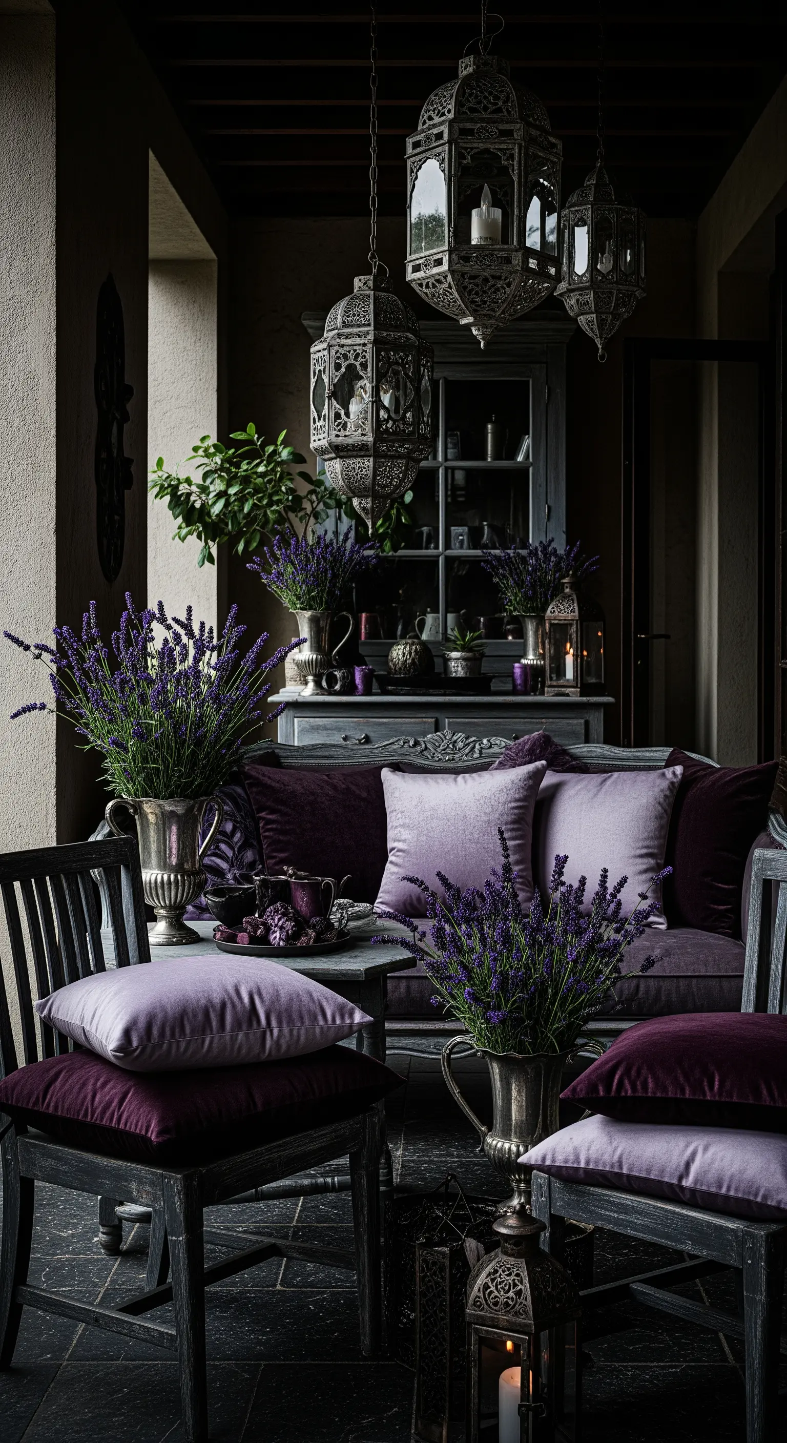 Portico scuro con divano e sedie nere, cuscini in velluto viola e lanterne marocchine.