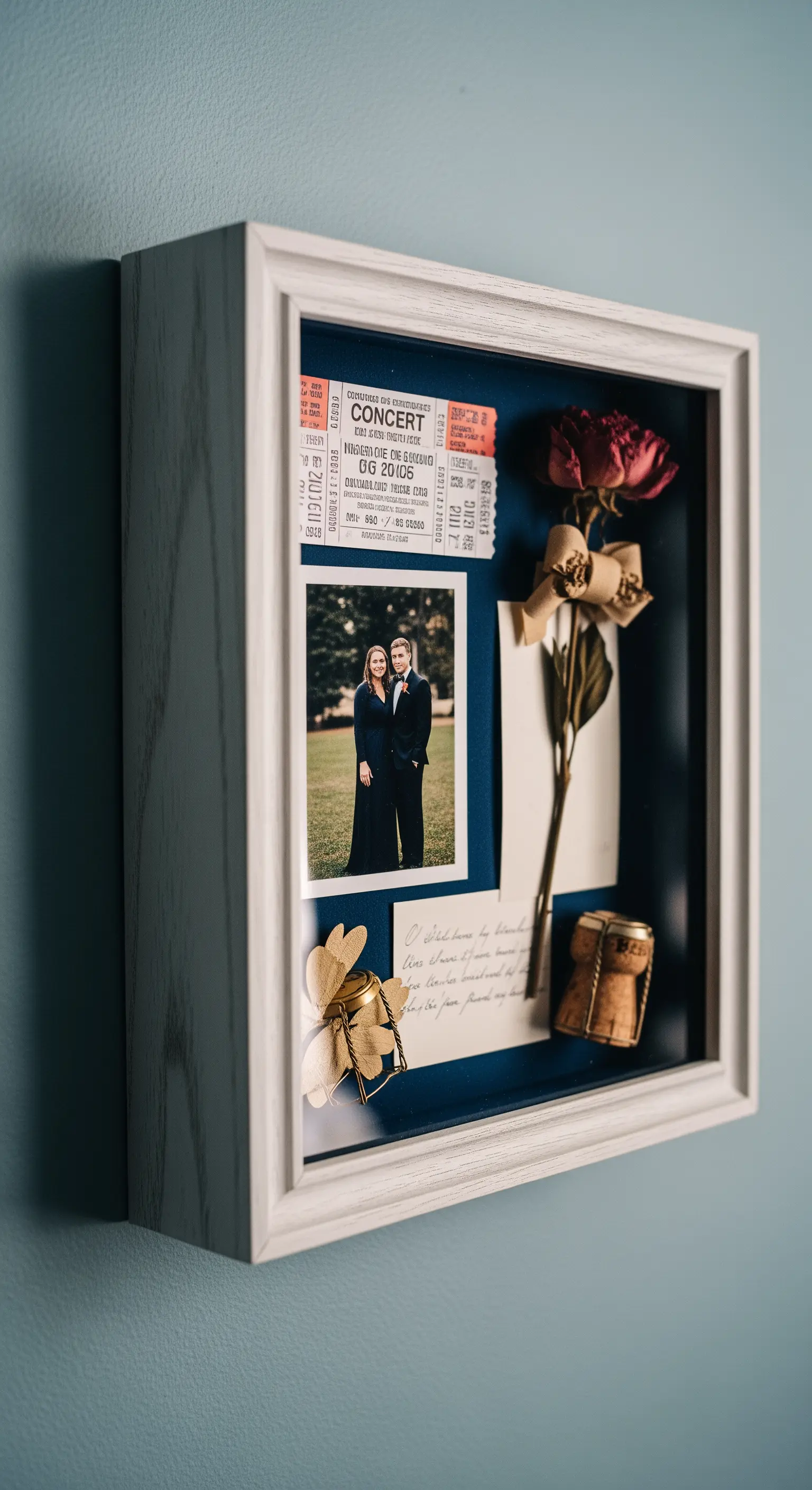 Shadow box bianca con all'interno biglietti, una foto, un fiore secco e un tappo di sughero.