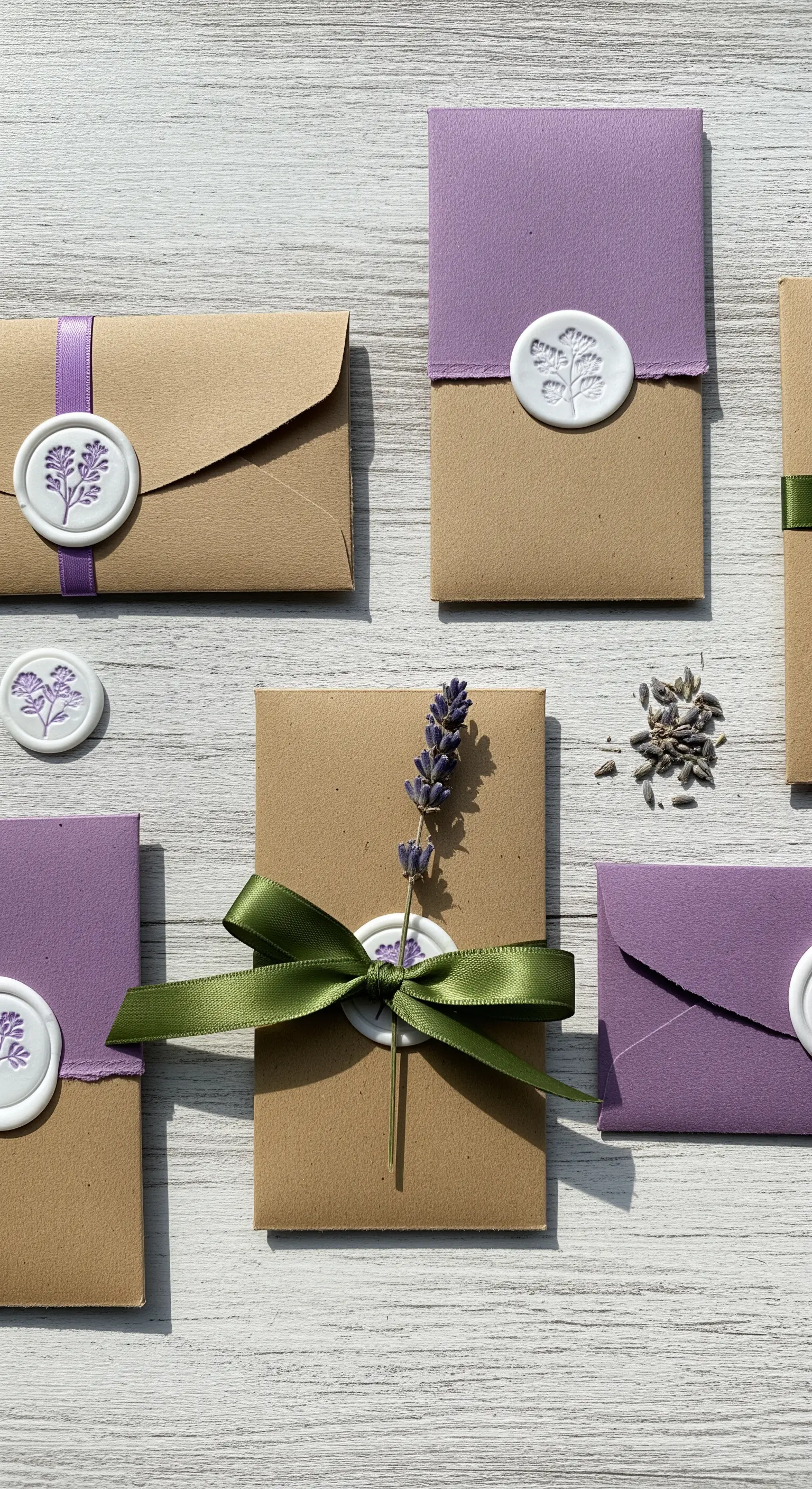 Buste in carta kraft decorate con sigilli in ceralacca bianca, nastri viola e rametti di lavanda.