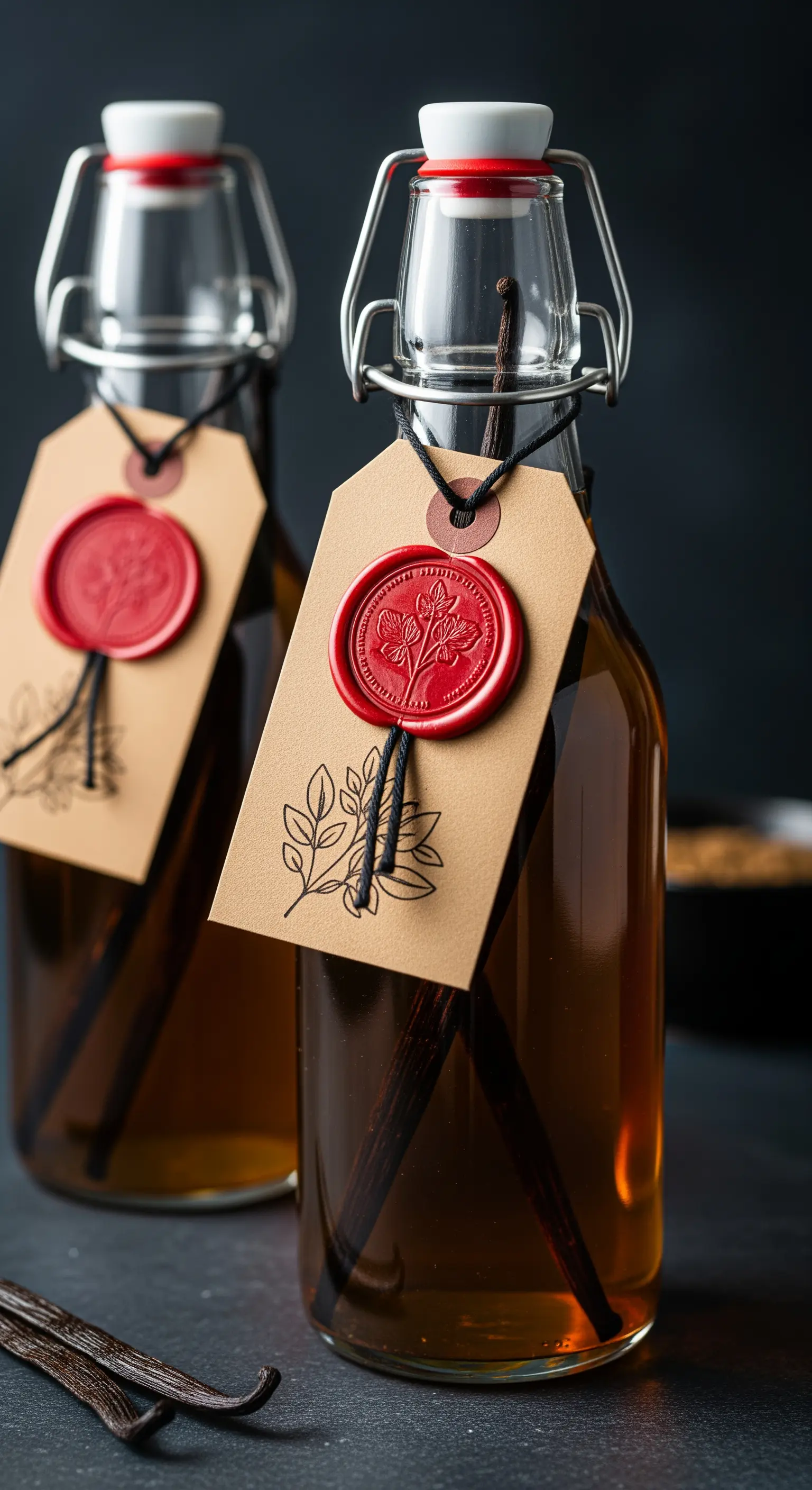 Bottiglie di vetro con etichette in cartoncino e un sigillo di ceralacca rossa.