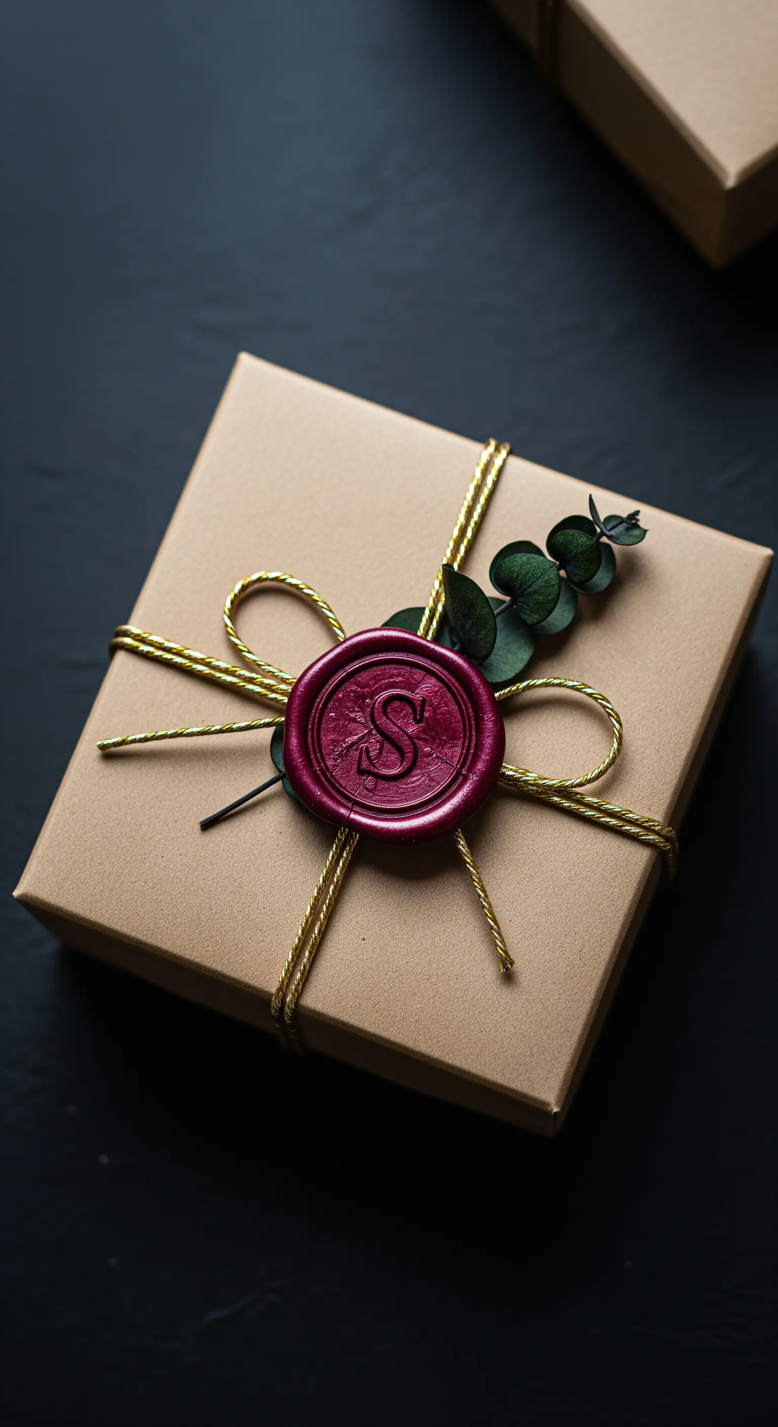 Pacco regalo in carta kraft decorato con spago dorato, eucalipto e un sigillo in ceralacca.