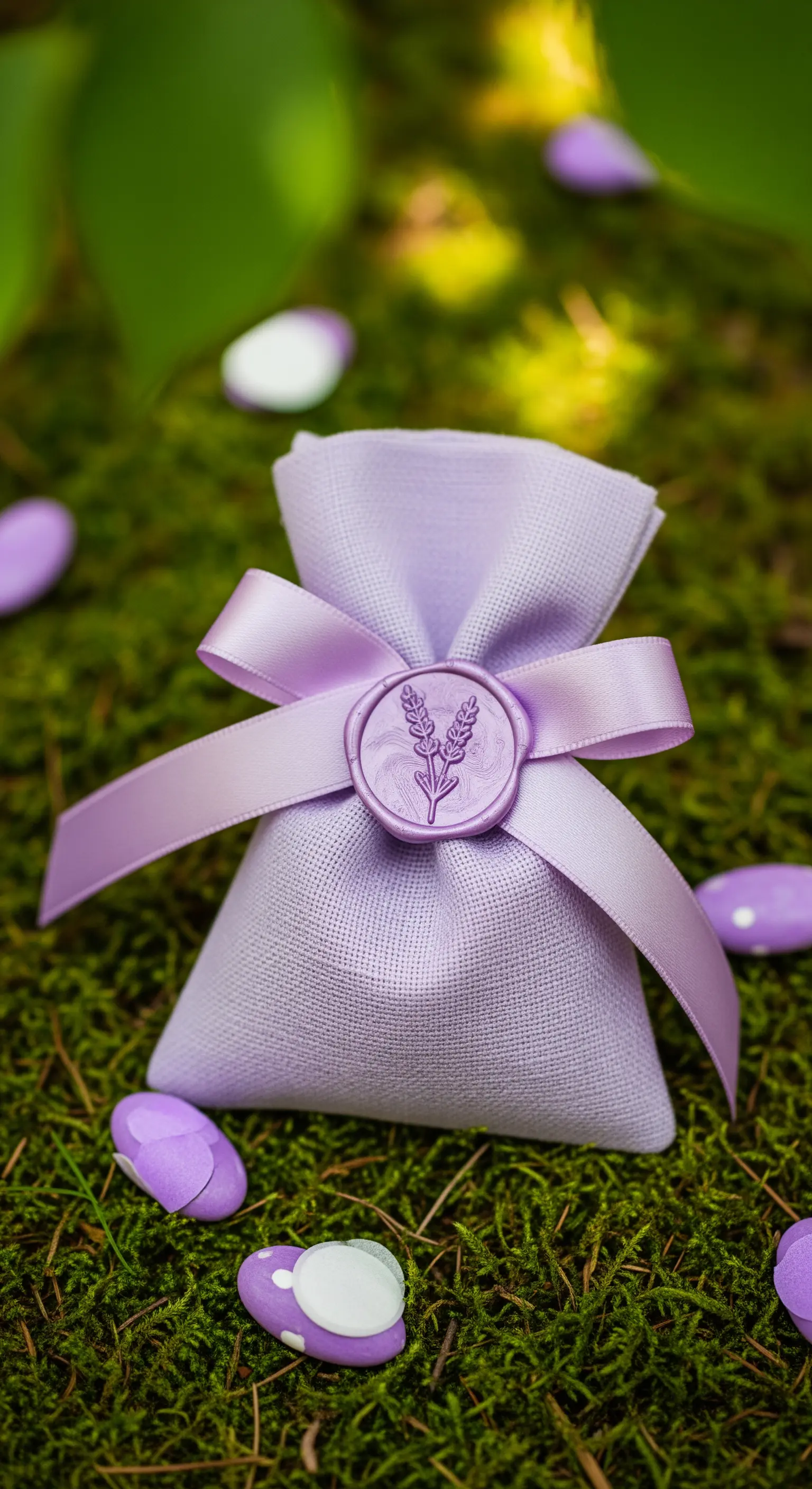 Bomboniera in lino lilla con un nastro di raso e un sigillo in ceralacca personalizzato con spighe.