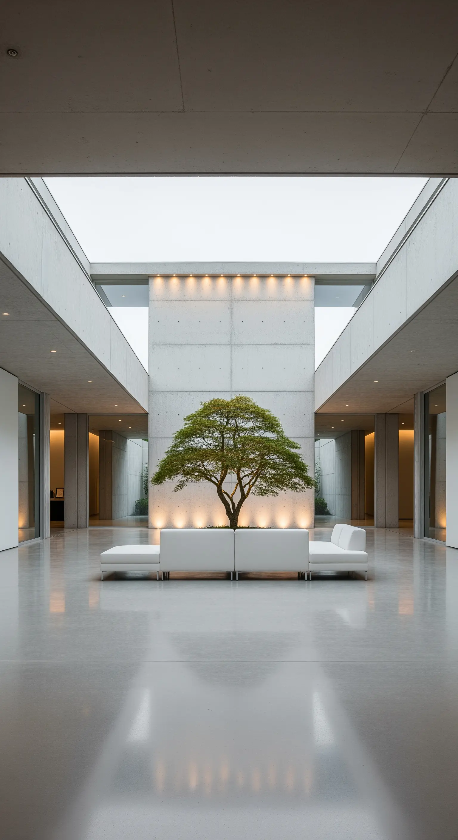 Cortile interno minimalista in cemento con albero centrale e divani bianchi contrapposti