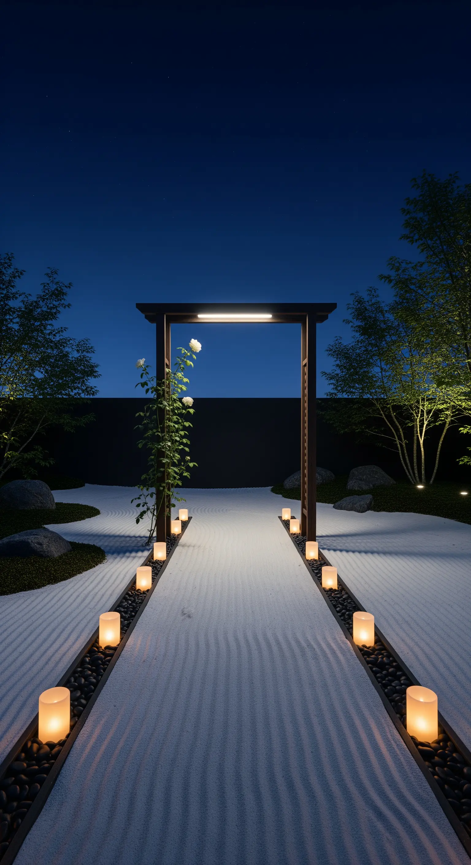 Arco minimalista in un giardino zen con sabbia rastrellata e candele a terra.