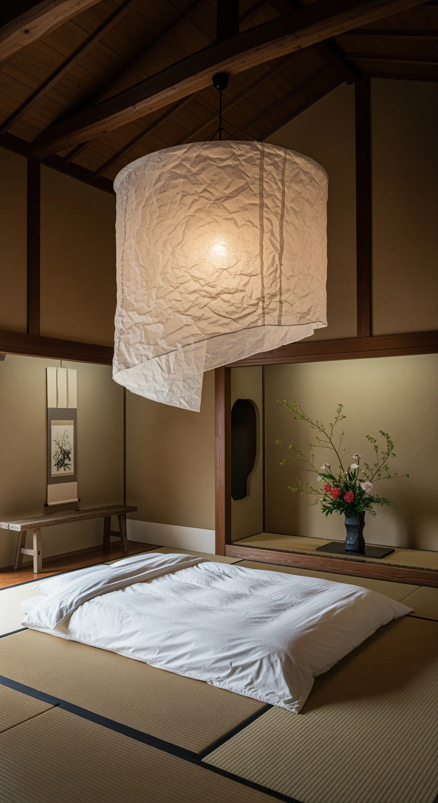 Lampada a sospensione oversize in carta di riso in una camera da letto in stile giapponese con tatami.