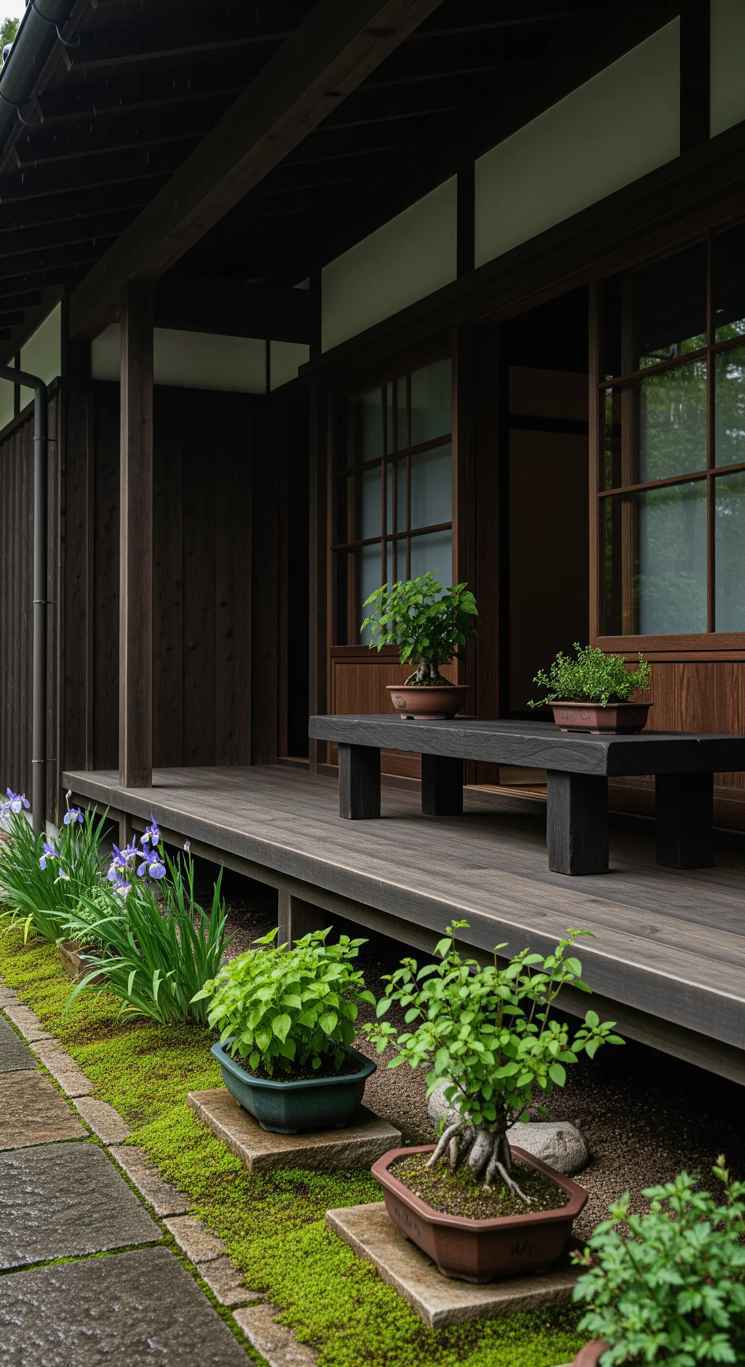 Veranda giapponese in legno scuro con panca bassa, bonsai e un giardino di muschio e iris.