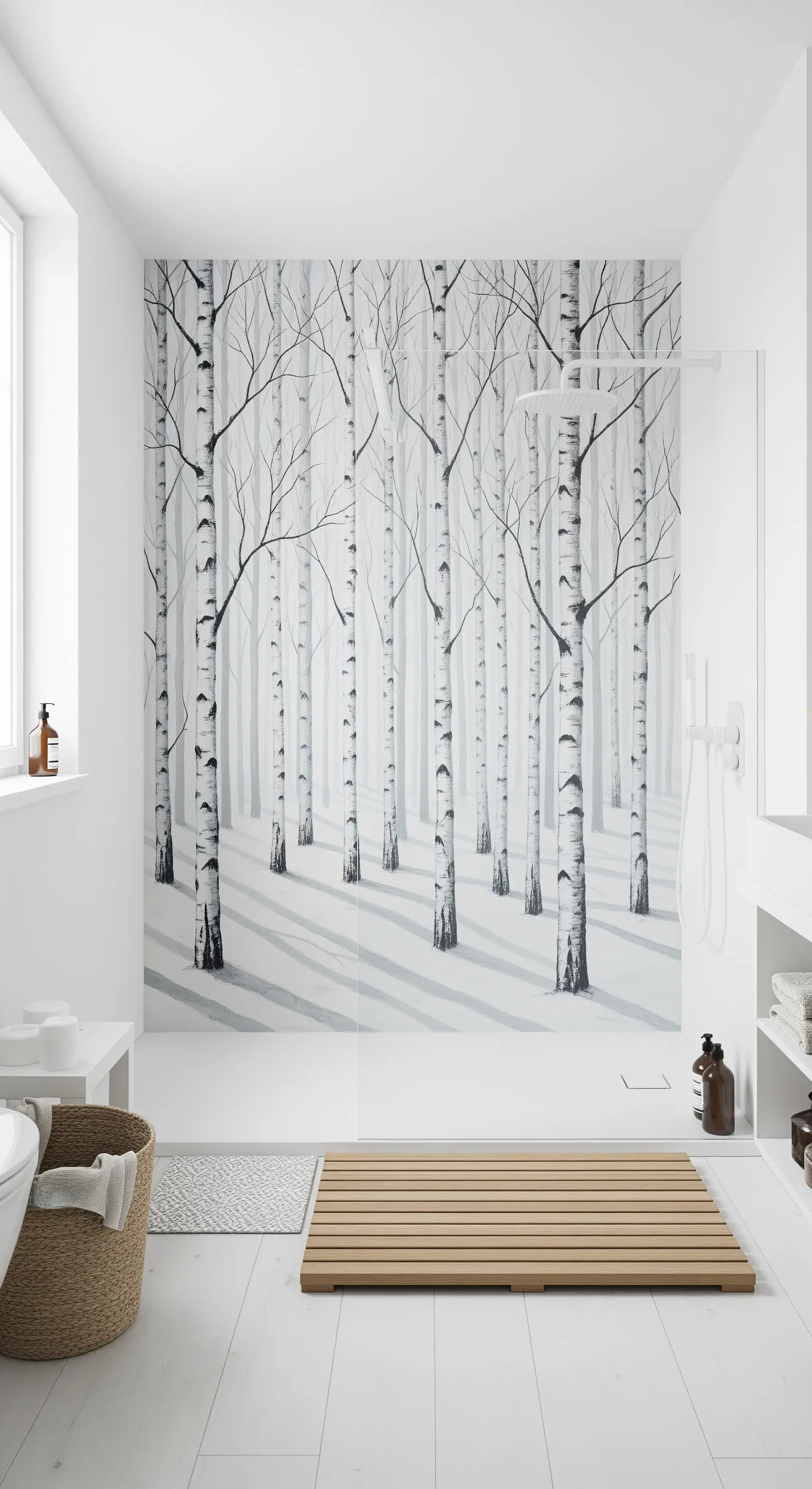 Bagno bianco in stile scandinavo con murale di una foresta di betulle e pedana in legno.