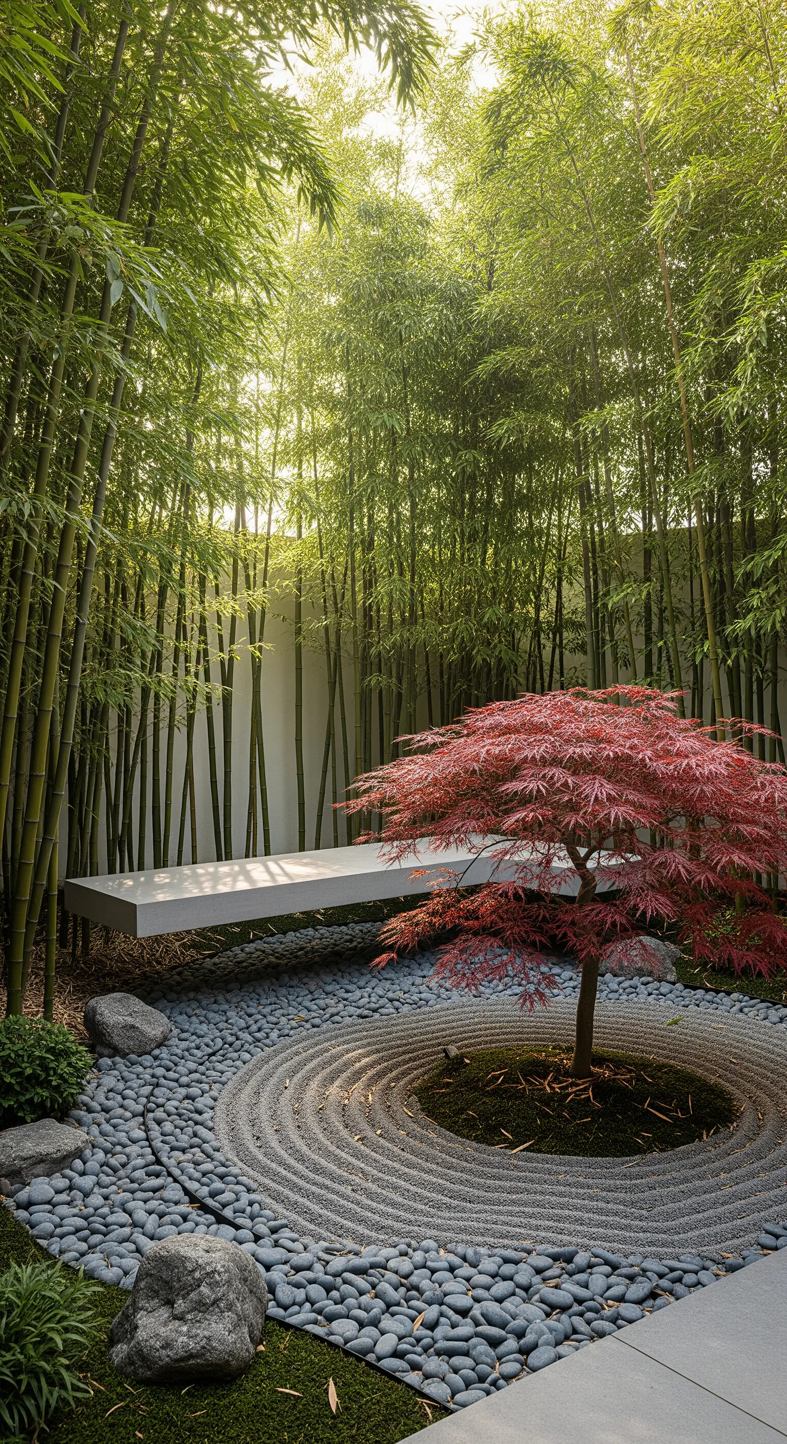 Panchina minimalista sospesa in un giardino Zen con bambù, acero rosso e ghiaia rastrellata.