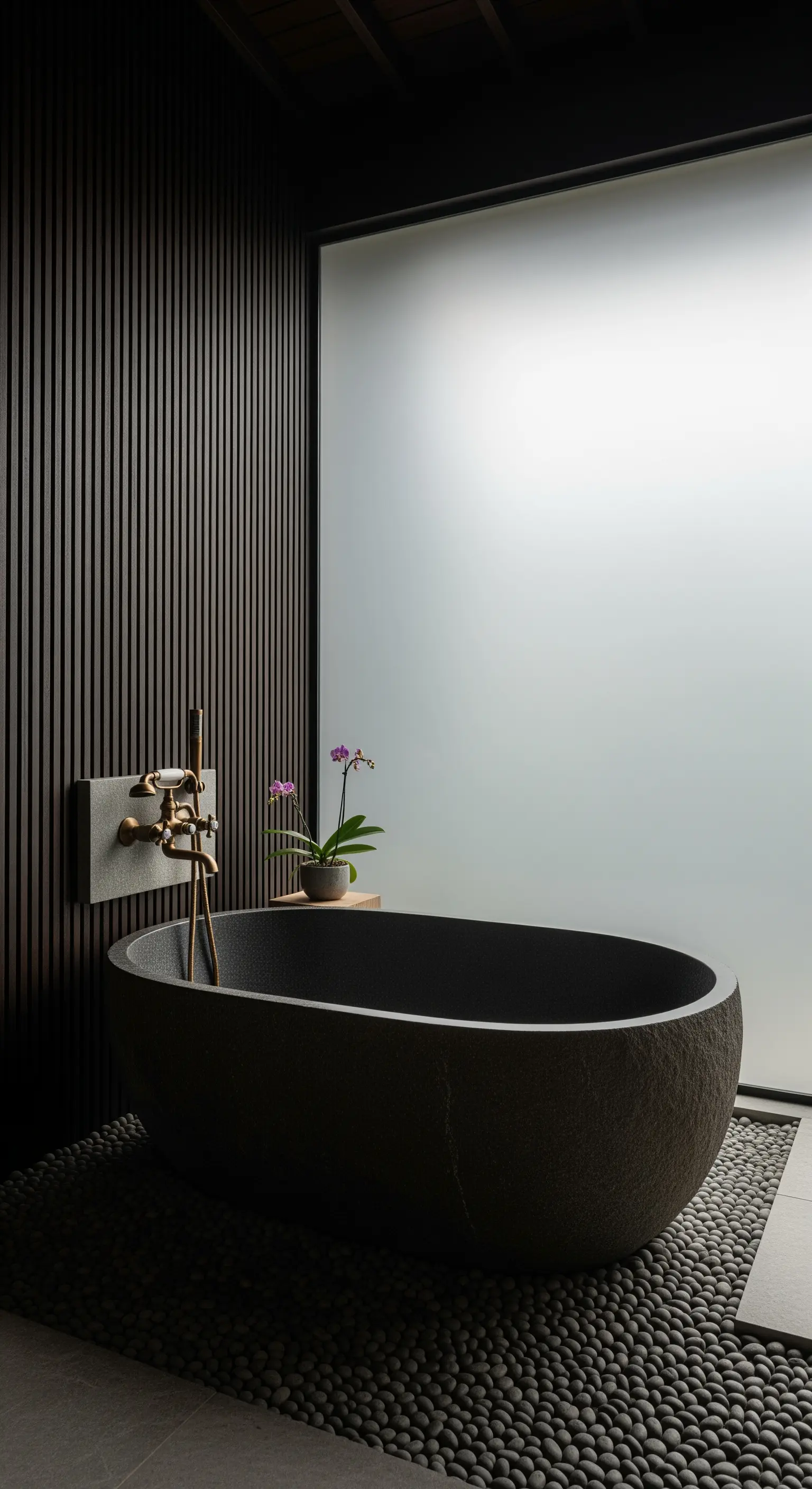 Vasca in pietra nera su ciottoli, con parete in legno a listelli e rubinetto in ottone.