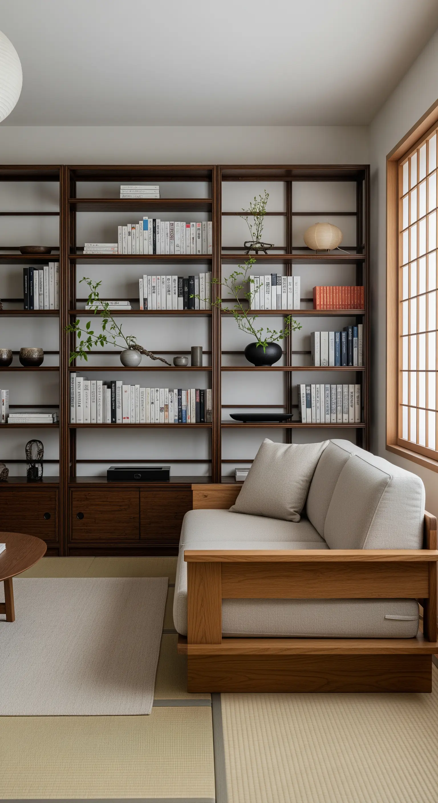 Salotto in stile Japandi con libreria in legno scuro e divano minimalista.