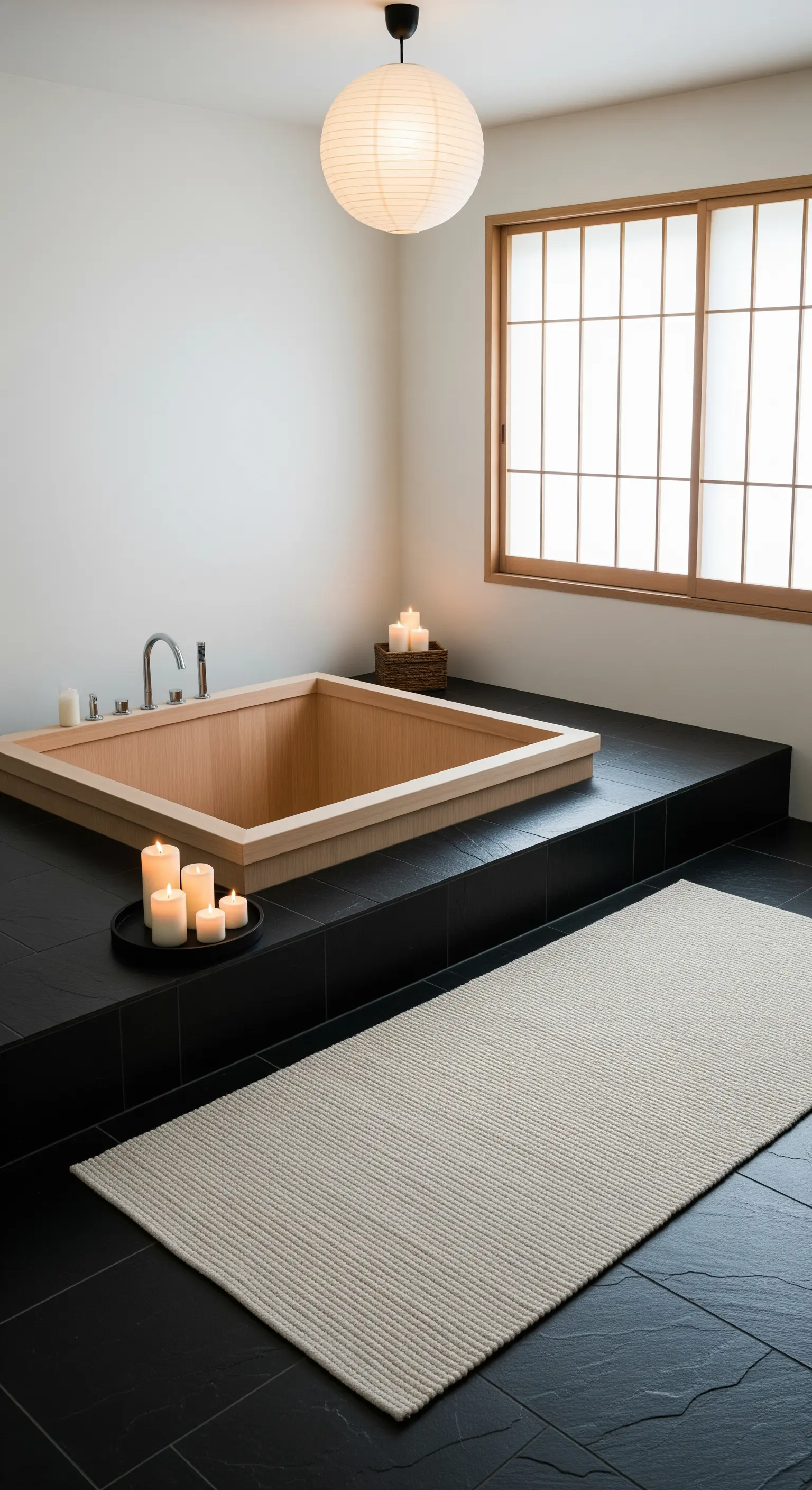 Bagno minimalista in stile giapponese con vasca ofuro in legno e lampada in carta di riso.