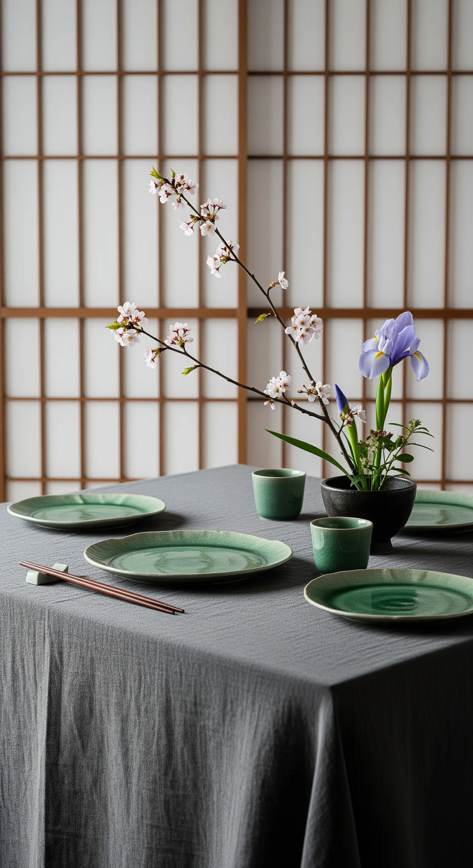 Tavola minimalista con tovaglia in lino grigio, piatti in ceramica verde e una composizione Ikebana.