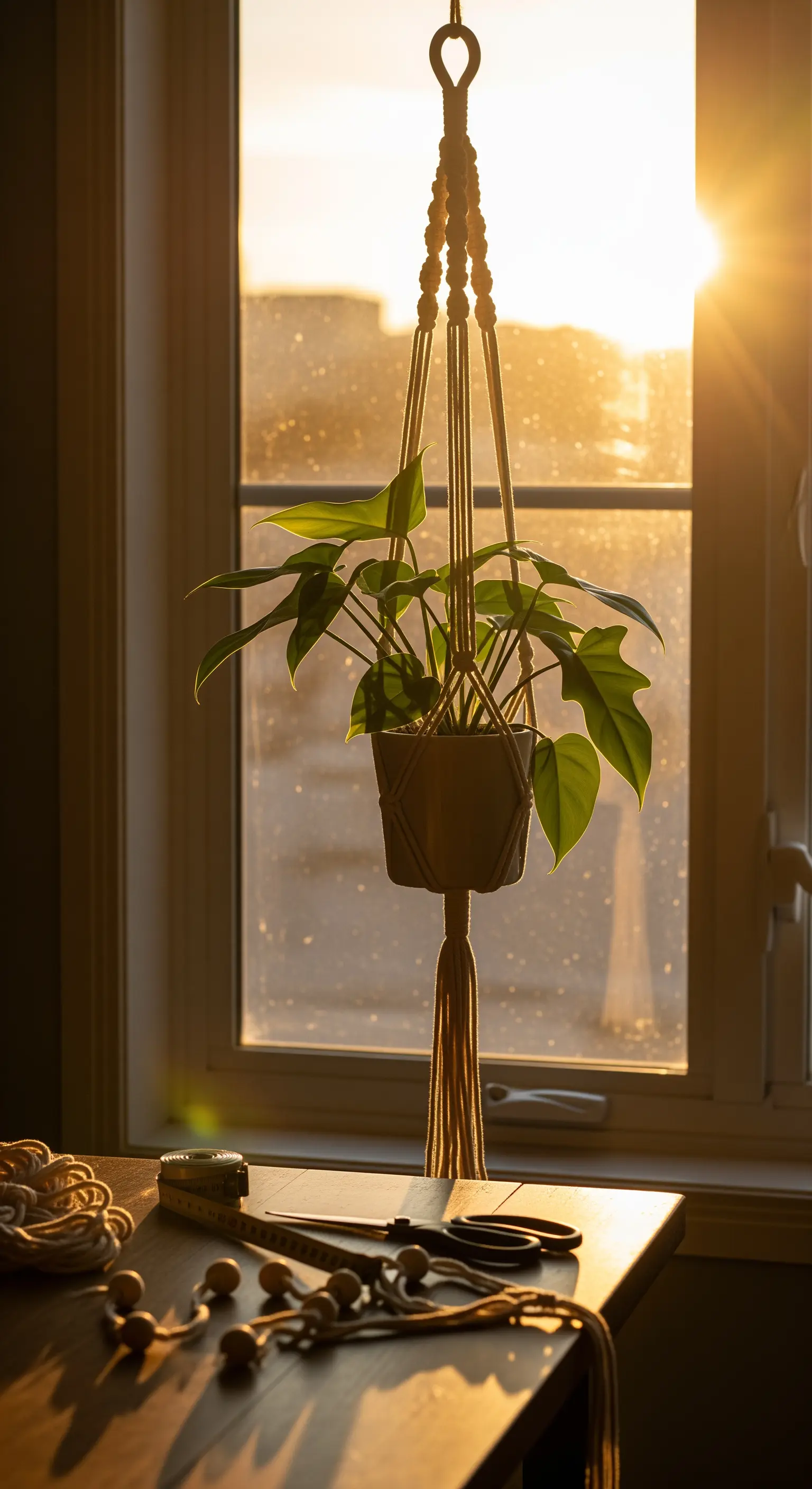 Silhouette di un portavasi in macramè con una pianta, contro una finestra illuminata dal sole al tramonto.