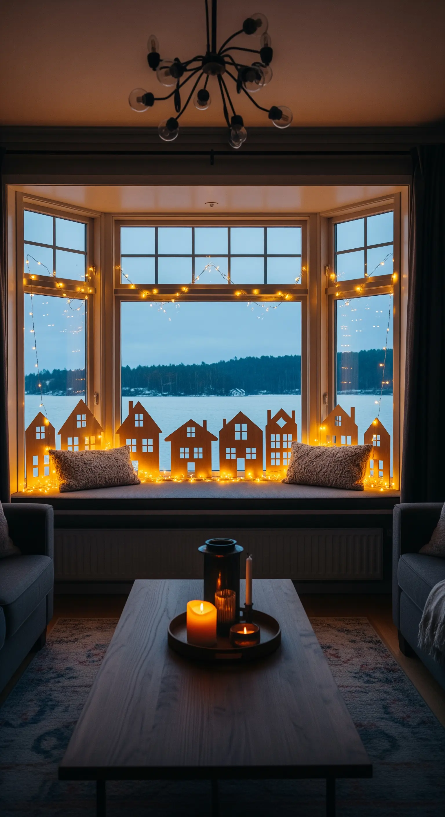 Silhouette di casette in legno posizionate su una panca davanti a una grande finestra panoramica.