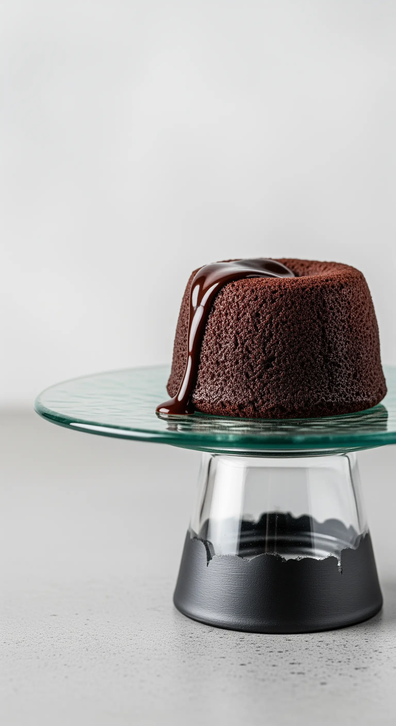 Alzata per dolce al cioccolato creata con un piatto di vetro e una base moderna nera e trasparente