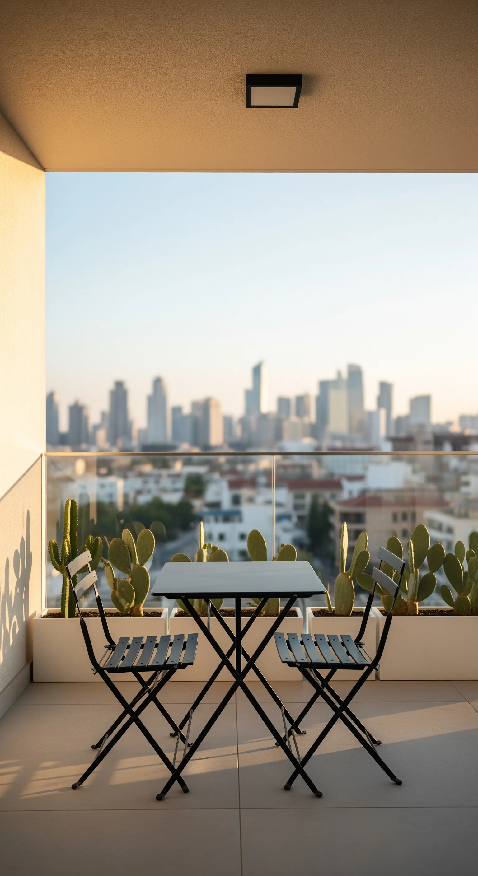 Set bistrò nero pieghevole su un balcone con vista sulla città al tramonto.