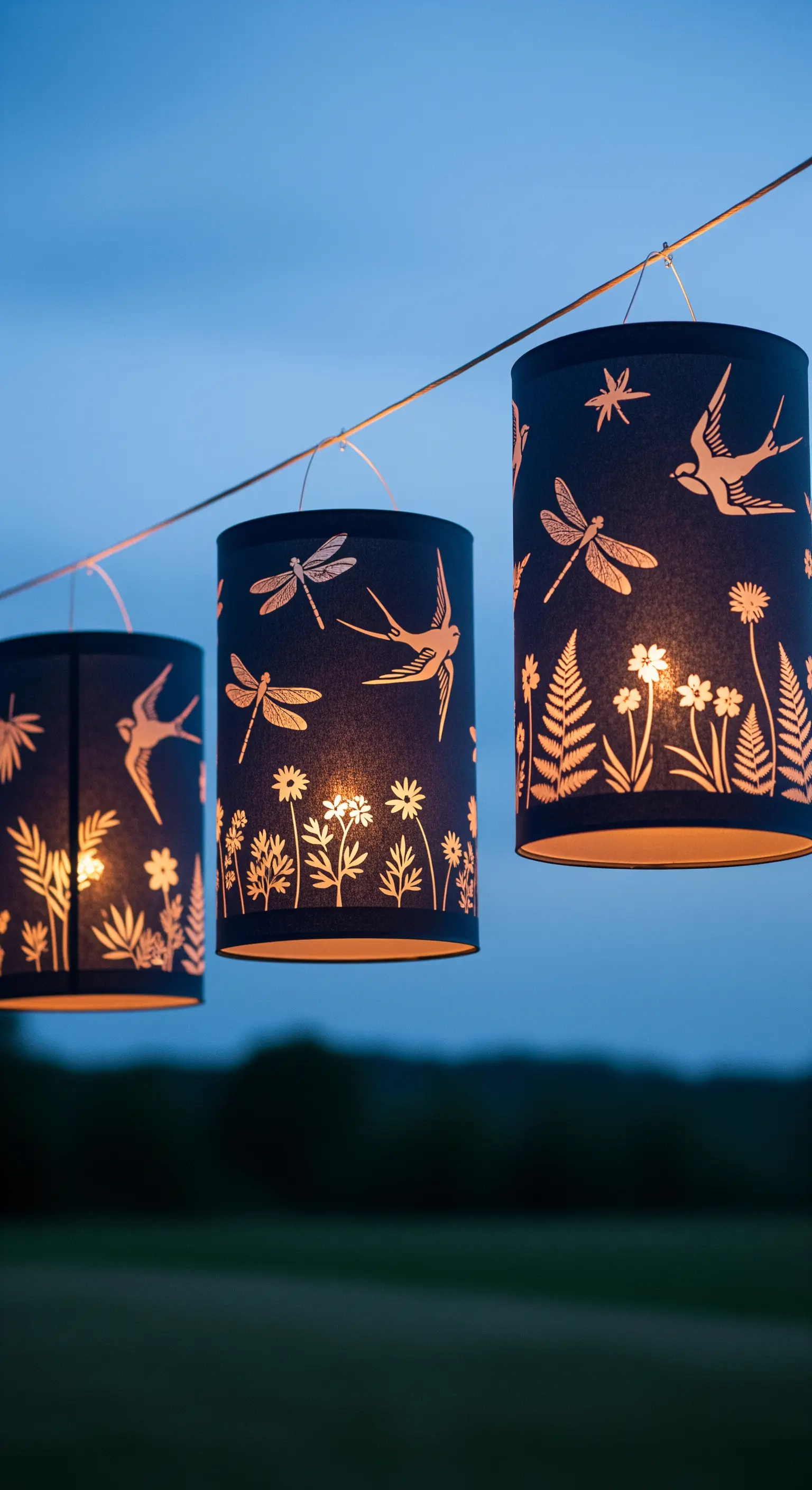 Lanterne cilindriche nere con intagli di libellule e felci, illuminate al crepuscolo.