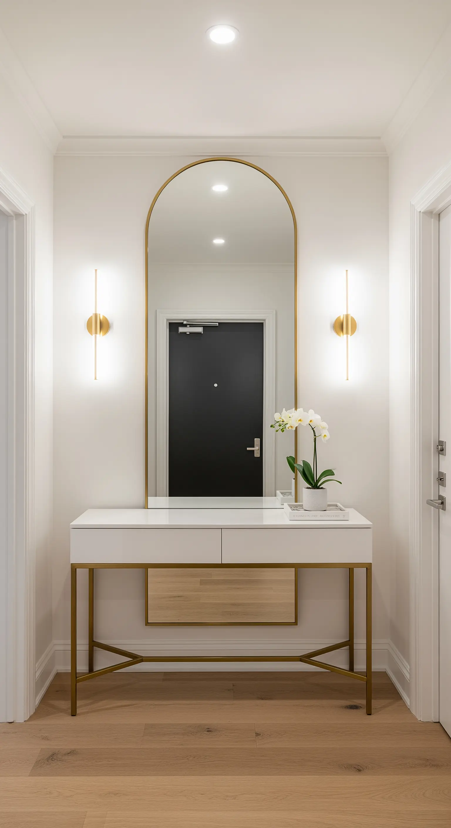 Consolle bianca con dettagli dorati sotto uno specchio ad arco, affiancato da due applique a parete.