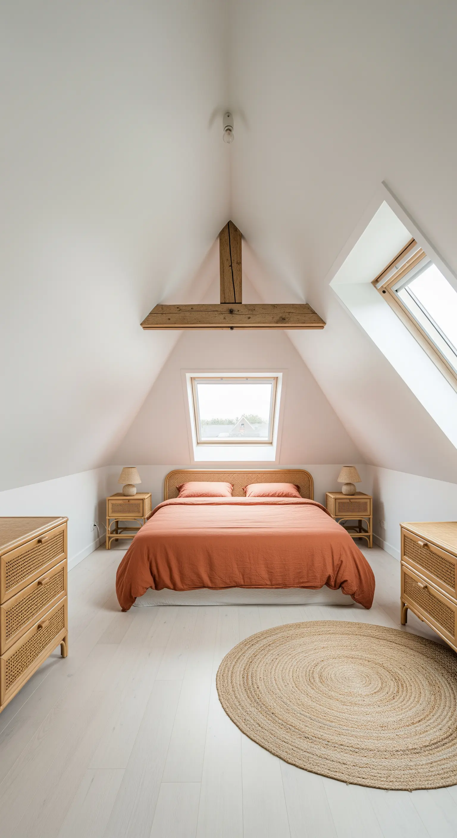 Camera da letto mansardata con letto sotto la finestra, mobili in rattan e tappeto rotondo in juta.